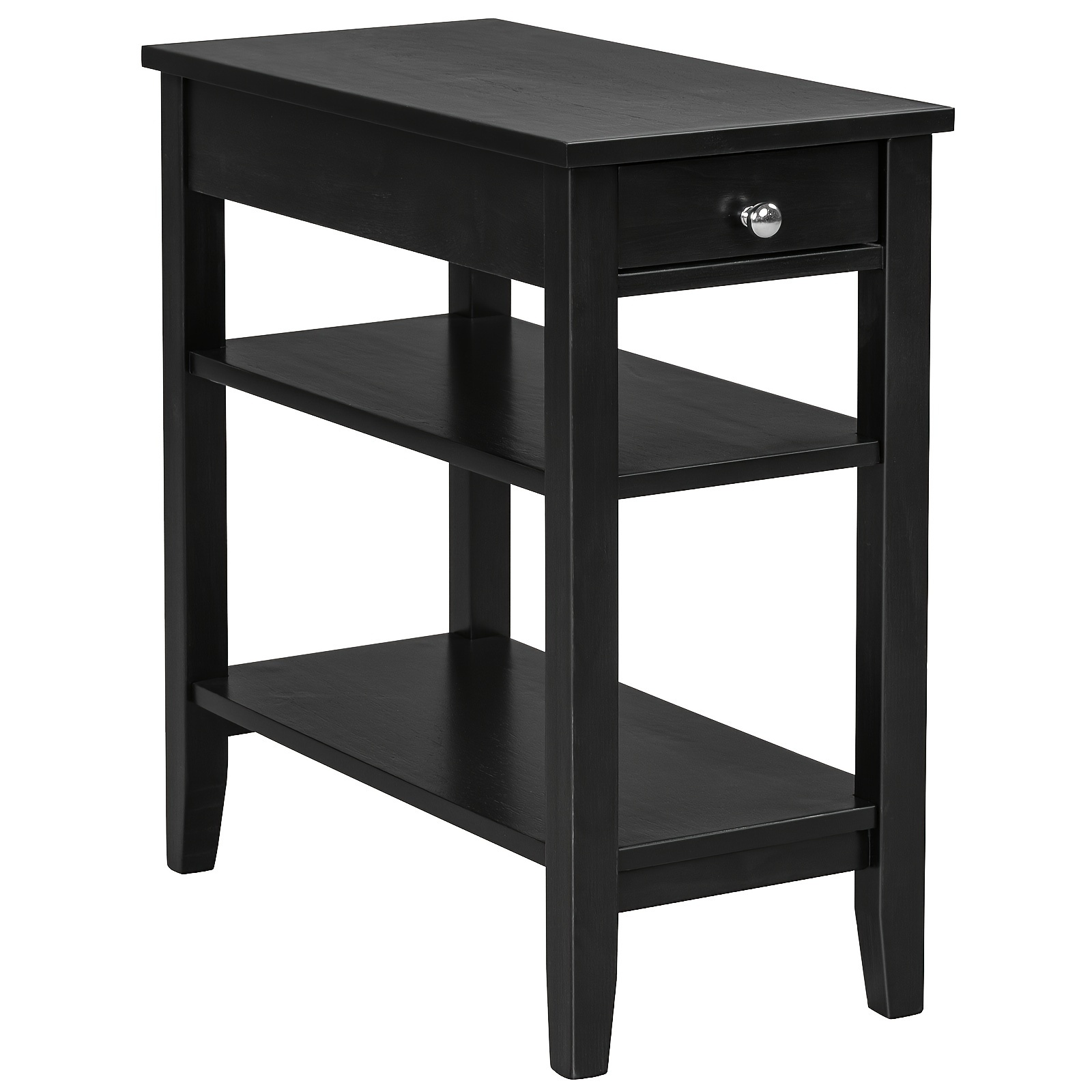 

1pc 3-tier Side Table End Table With Drawer Double Shelf Narrow Nightstand Black