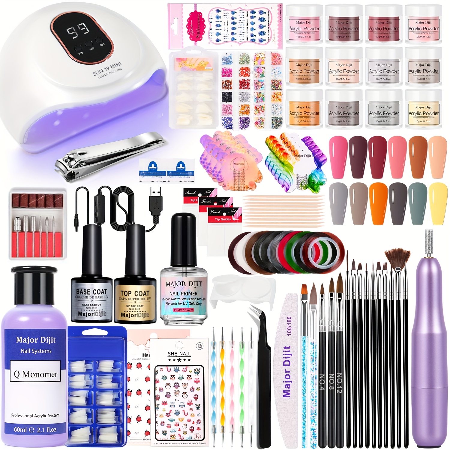 TEMU Kit completo de uñas acrílicas DIY con fresa para uñas - de polvo y acrílico de 12 colores, juego completo de uñas para principiantes, salón