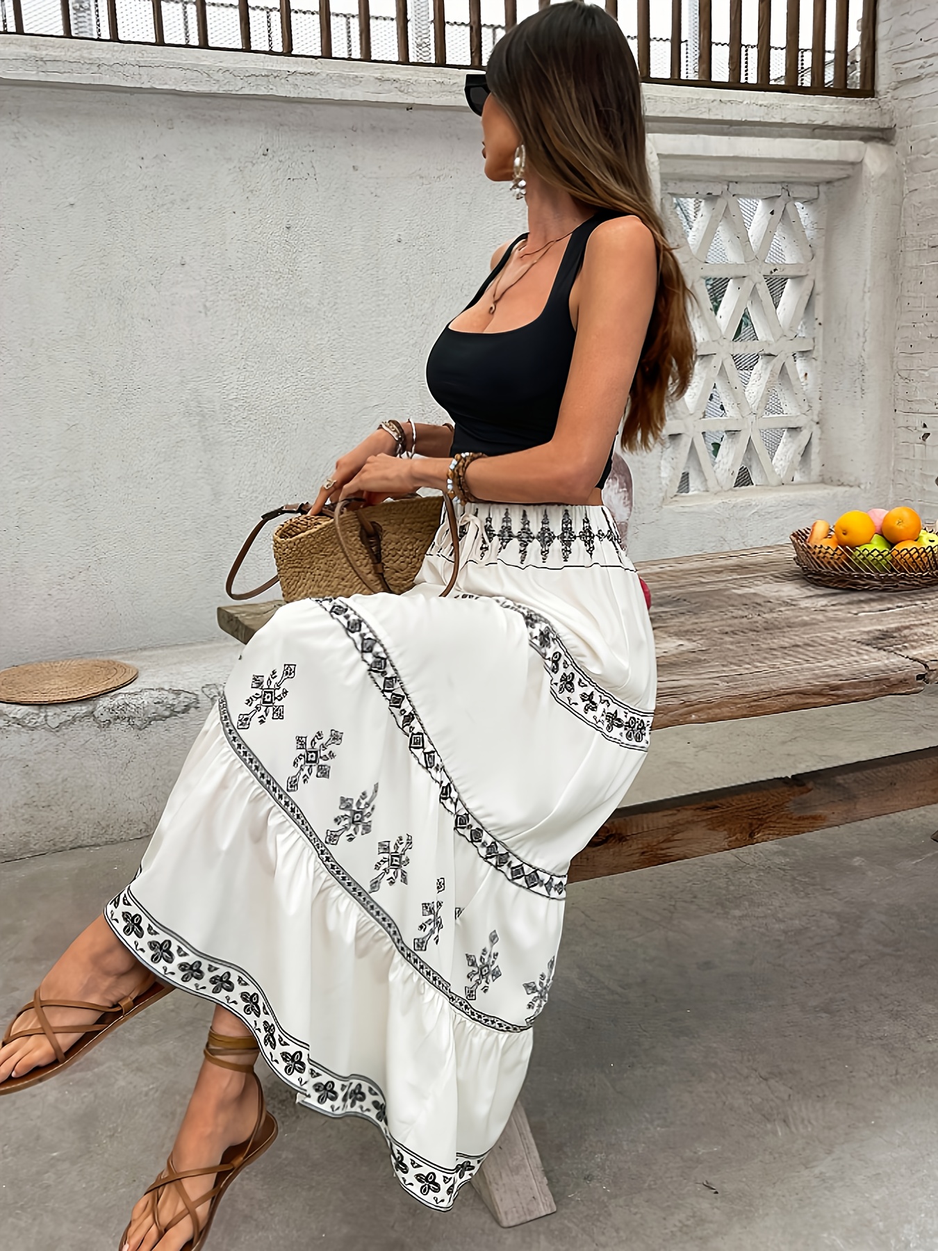 womens boho maxi skirt tiered hem multicolor floral Temu Philippines