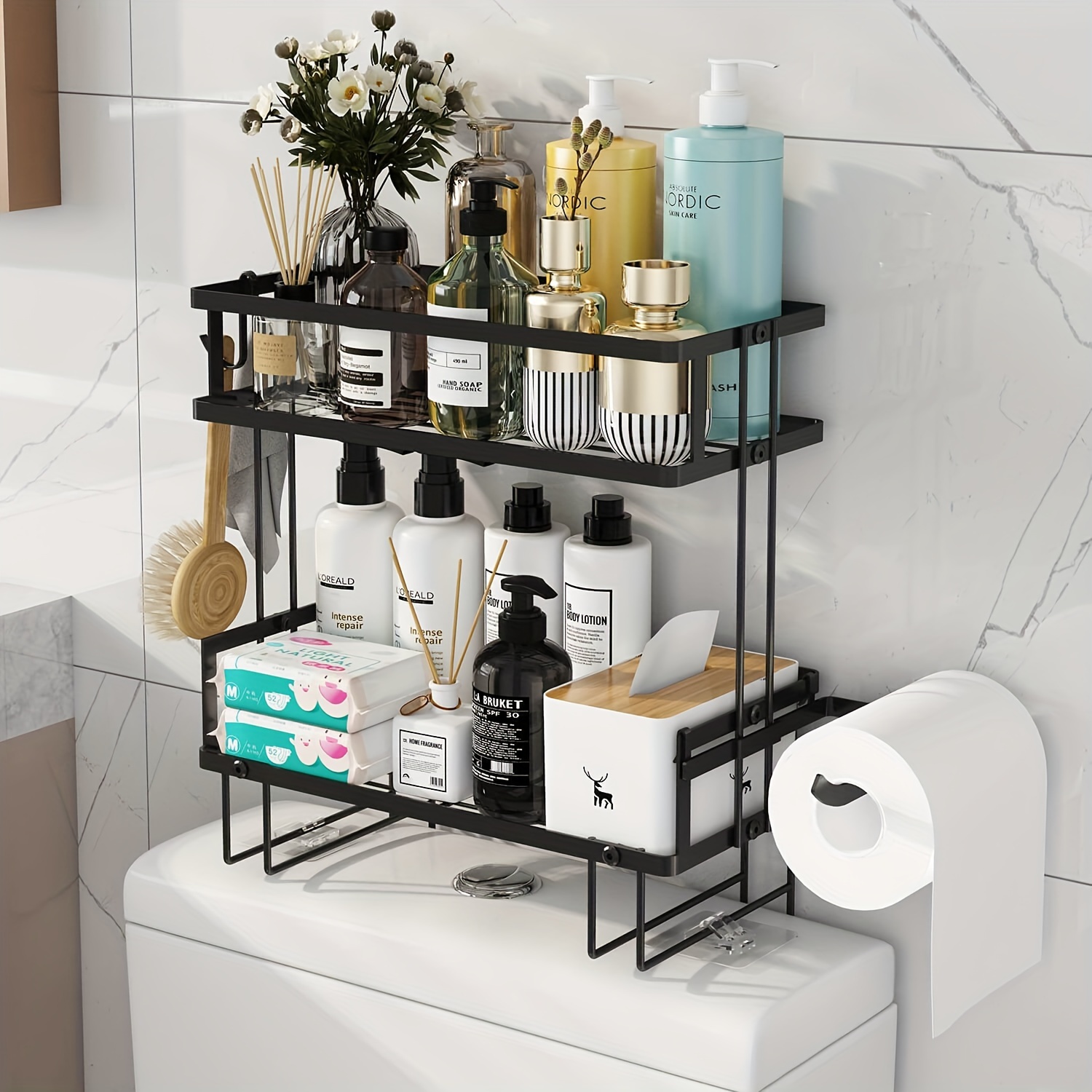 

Bathroom Organizers And Storage, 2-tier Over Toilet Storage, Bathroom Storage With & Toilet Paper Holder, Wall Mounted Floating Shelves Furniture