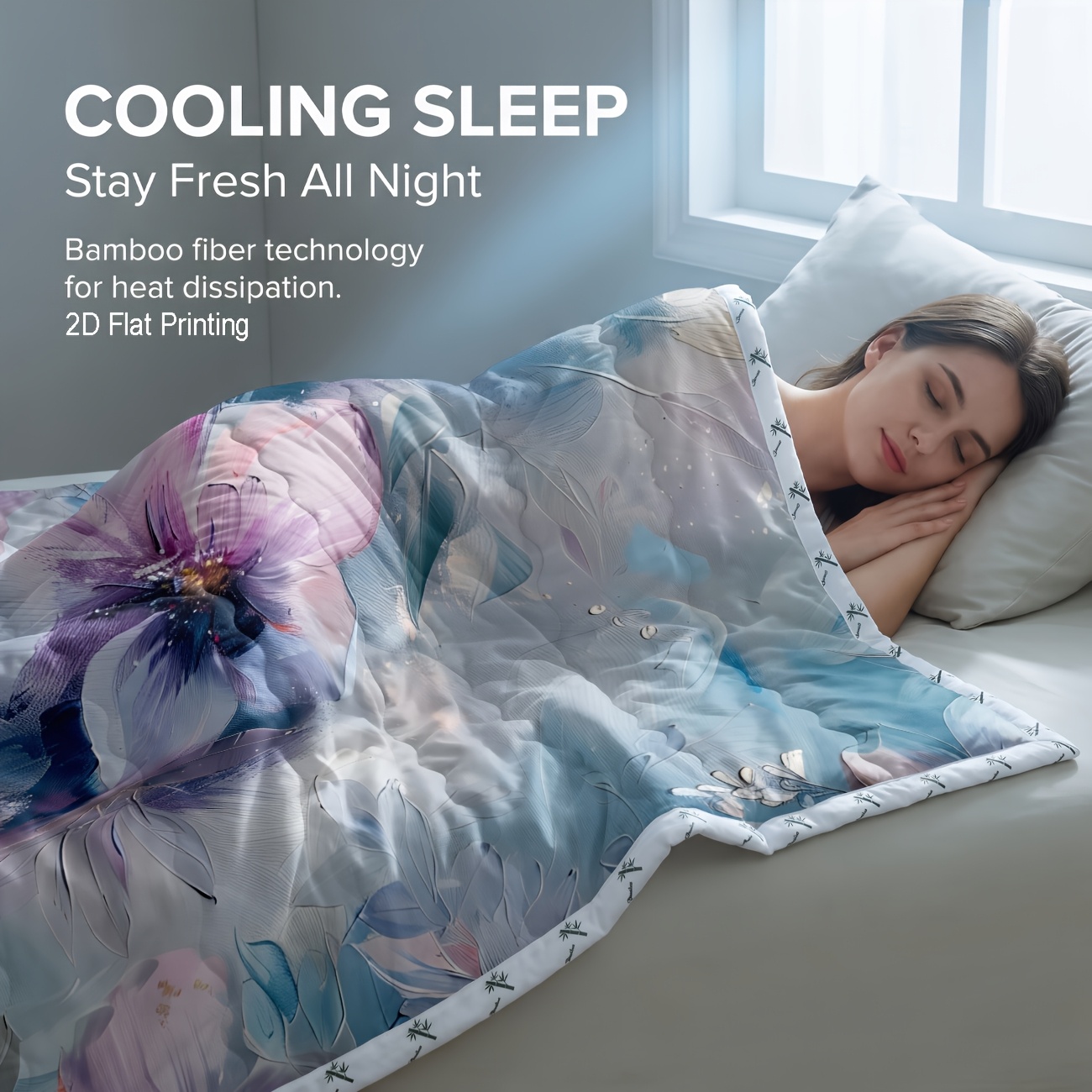 TEMU 1pc Bamboo Cooling Reversible Cooling & Warm Summer Comforter, Floral, Switchable , Lightweight Breathable, , Machine Washable, For Bedroom Dorm