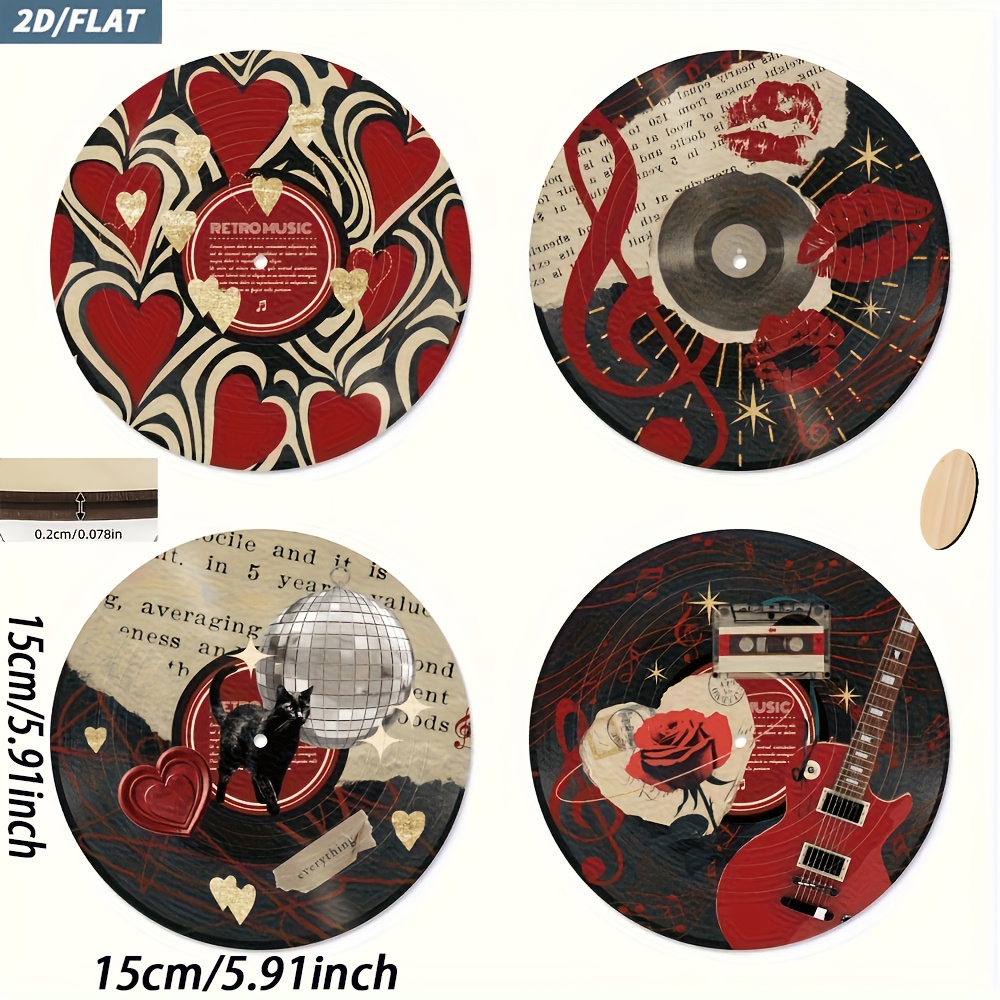 TEMU 2d Flat, A 2d Flat Print, 4pcs Vinyl Record Wood Wall Art Set, Multifunctional Vintage Music Hanging Decor With Heart, Lips, Disco Ball, Guitar,