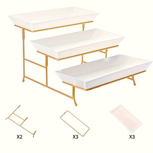 sturdy 3 tier dessert stand with pp plastic white serving trays collapsible metal rack for cupcakes appetisers heavy duty tiered serving platter set for parties weddings buffet display