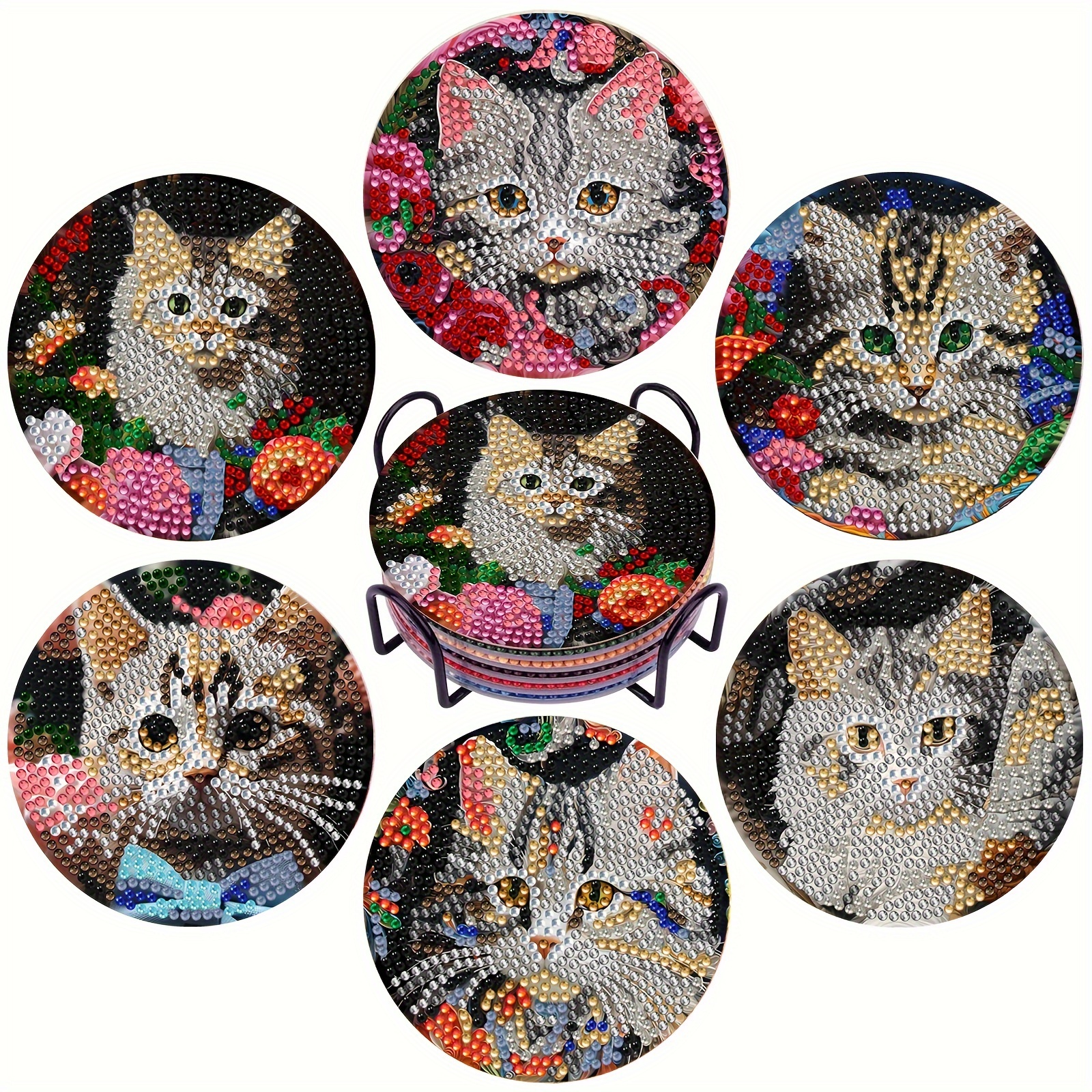 

Kit de 6 sous-verres avec peinture diamant et supports, sous-verres ronds en diamant pour débutants, fournitures d'artisanat avec divers motifs de chats - Matériel en bois inclus