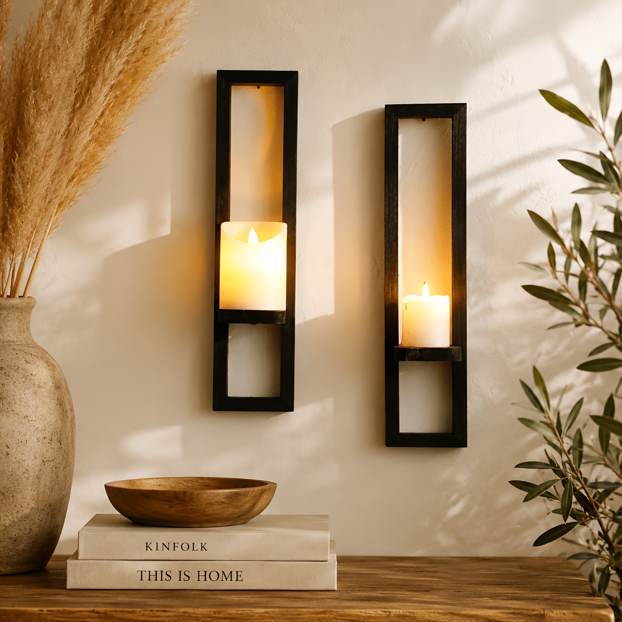 TEMU Rustic Candle Sconces Set Of 2 Farmhouse Wall Decor Wooden Hanging Candle Holders Vintage Wall Mounted Candle Shelf For Living Room Bedroom