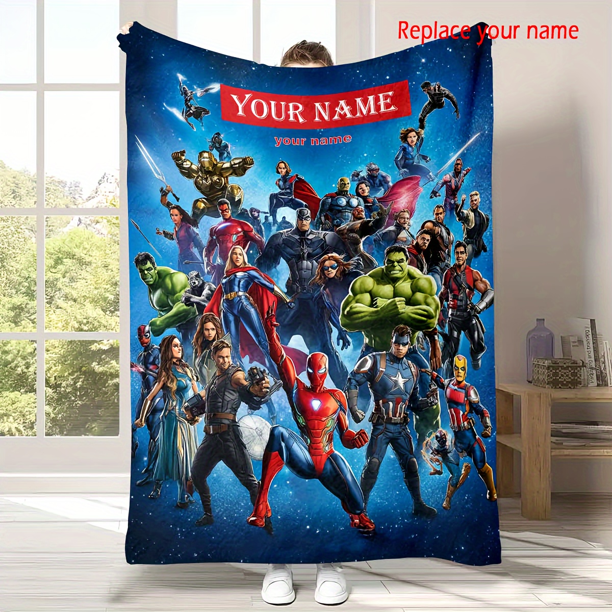 

1pc Customizable Name & Superhero Print Fleece Blanket, , , Machine Washable, Polyester, , 250-300g, For Home, School, Wedding, Office, Beach, Camping, Sofa, Pet, Christmas Gift, Decor