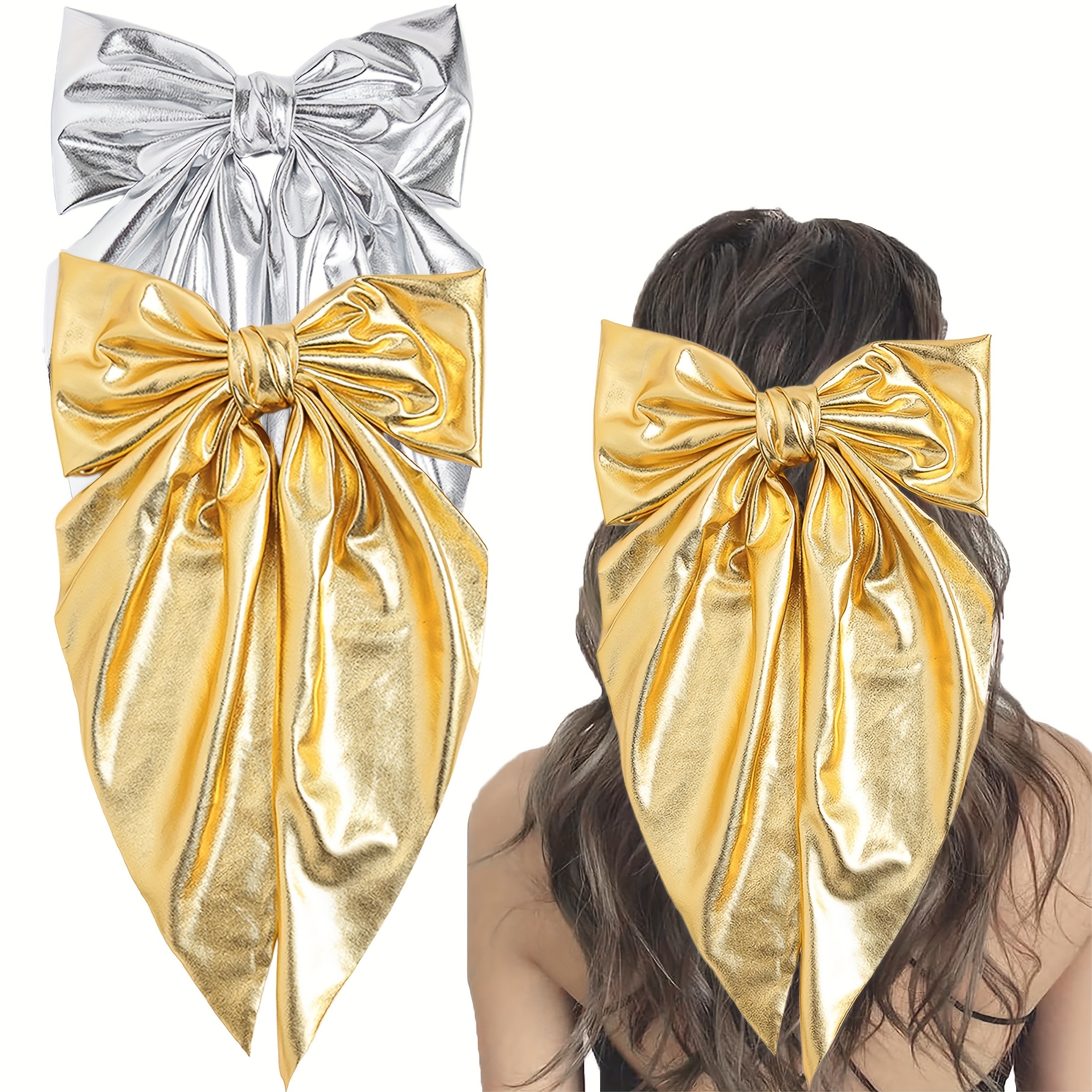 

2pcs Elegant French Bow Hair Clips In Golden & Silvery With Long Ribbon - Chic Spring Snap Barrettes For Women And Girls