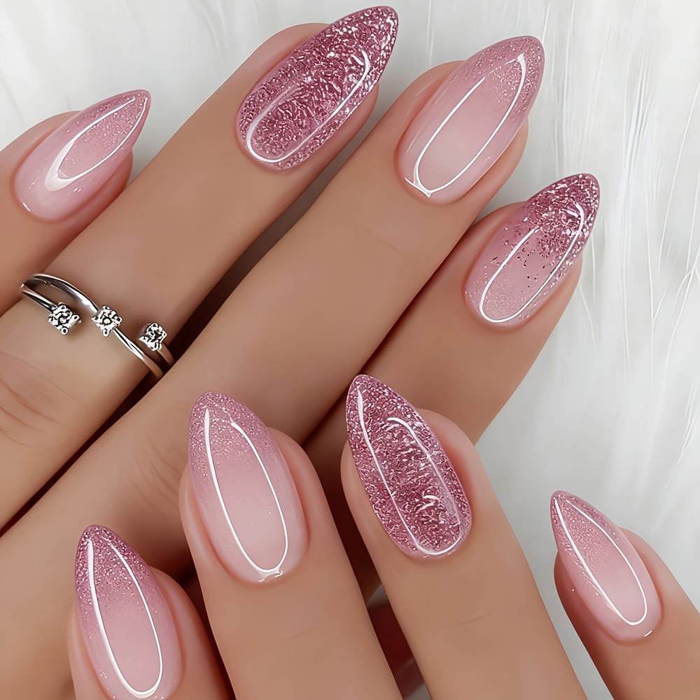 TEMU Con Adesivi per Unghie, Unghie Corte, Unghie a Mandorla, Unghie Nude Rosa Glitter 24 pezzi, Riutilizzabile Adatta a Donne e Hot, Regalo per Set