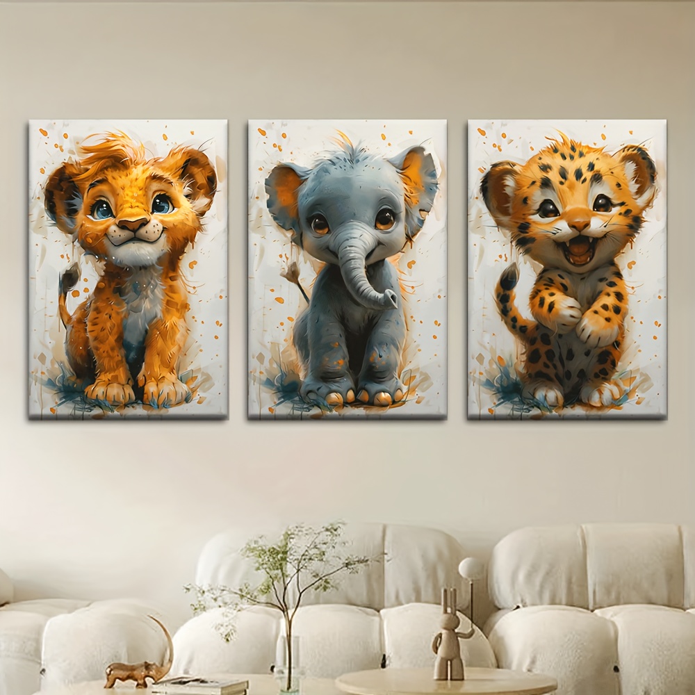 TEMU 3 stuks/Set, Canvas Schilderij - Ongeframeerd, Kleine Leeuw, Kleine Olifant, Kleine Tijger, Plakaten en Prints, Woonkamer, Bibliotheek, Kantoor,