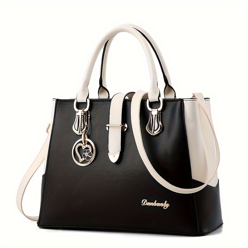 

Elegant Women's Satchel Bag - Chic Black & White Pu Handbag Charm, Detachable Shoulder Strap, And Zipper Closure, Use