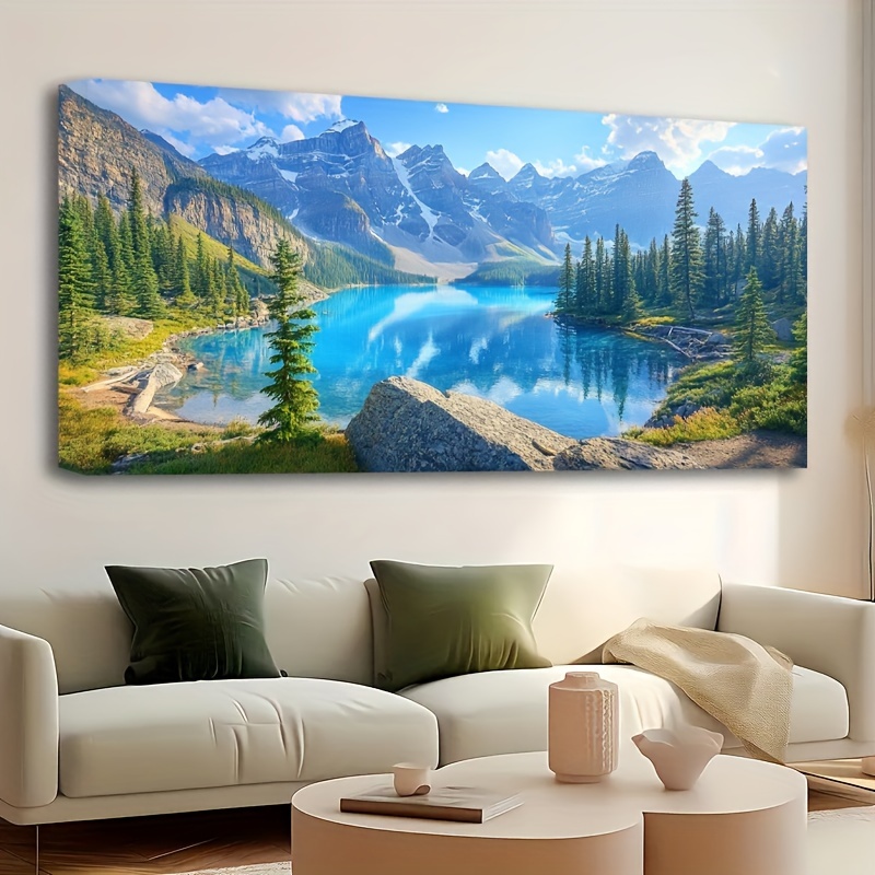 TEMU 1.5" Thick Solid Pine Wood Frame Murals - Snowy Mountains & Lake National Park Landscape Modern Art Oil Painting Canvas Print, Scene Wall Decor