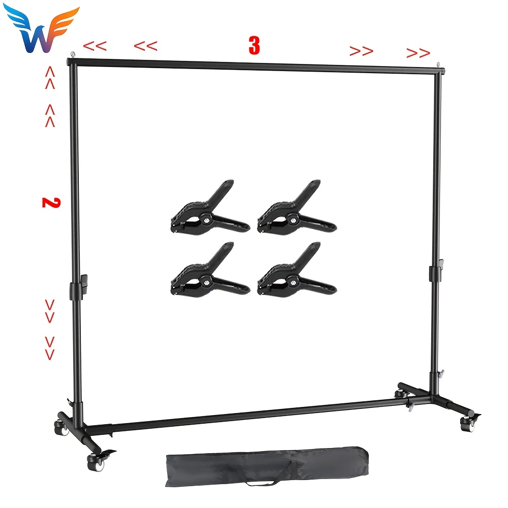 Stojalo za podporno ozadje dimenzij 2X2M/78X78In ali 2X3M/78X118In, opremljeno s 4 in 4 sponkami za ribe, idealno za fotografska ozadja v