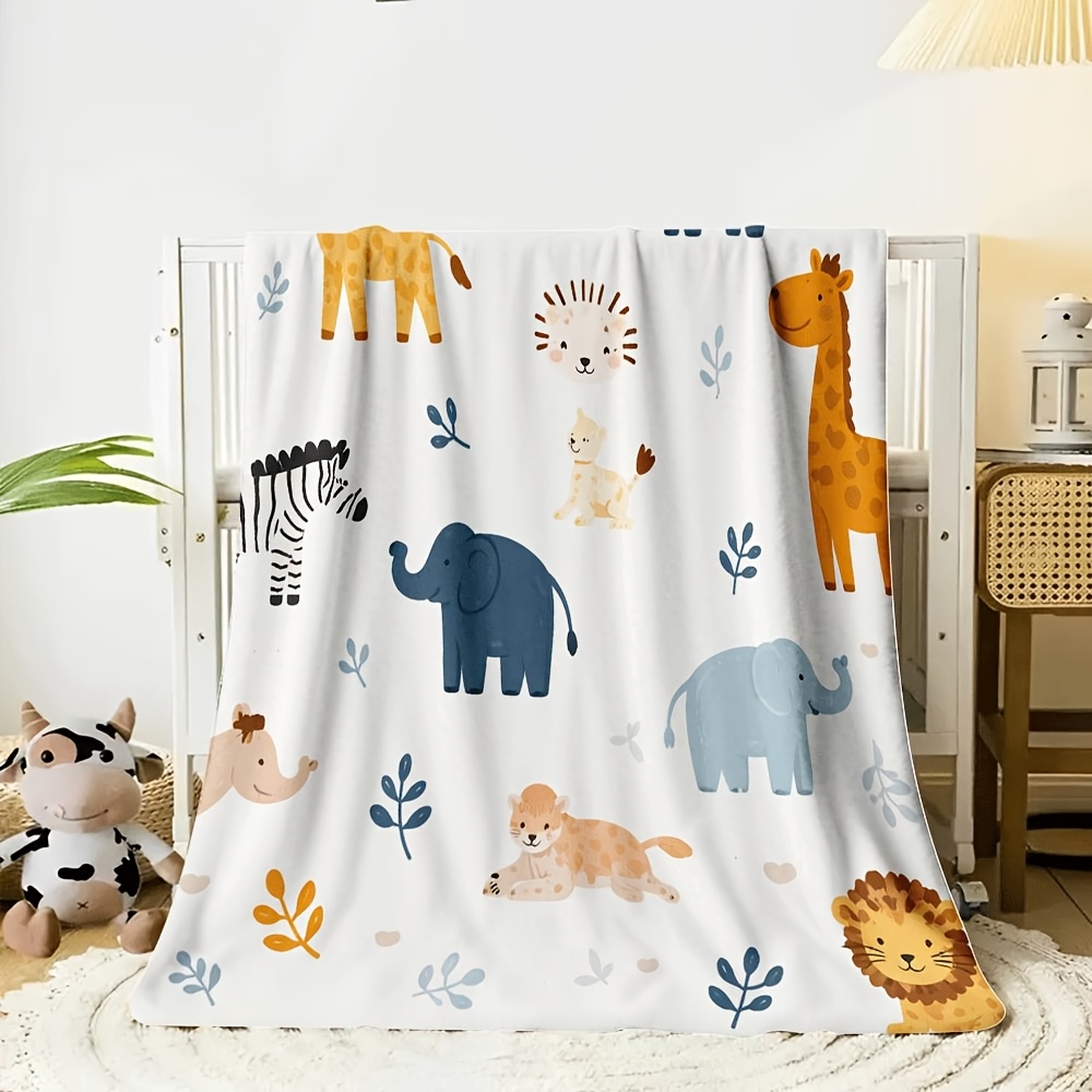 artikel foto 1 stuks levendig   dierenontwerp met giraffe, olifant, leeuw en zebra flanellen deken. zachte en knusse   plaid, perfect voor bed, bank, studentenkamer of reizen, en machinewasbaar