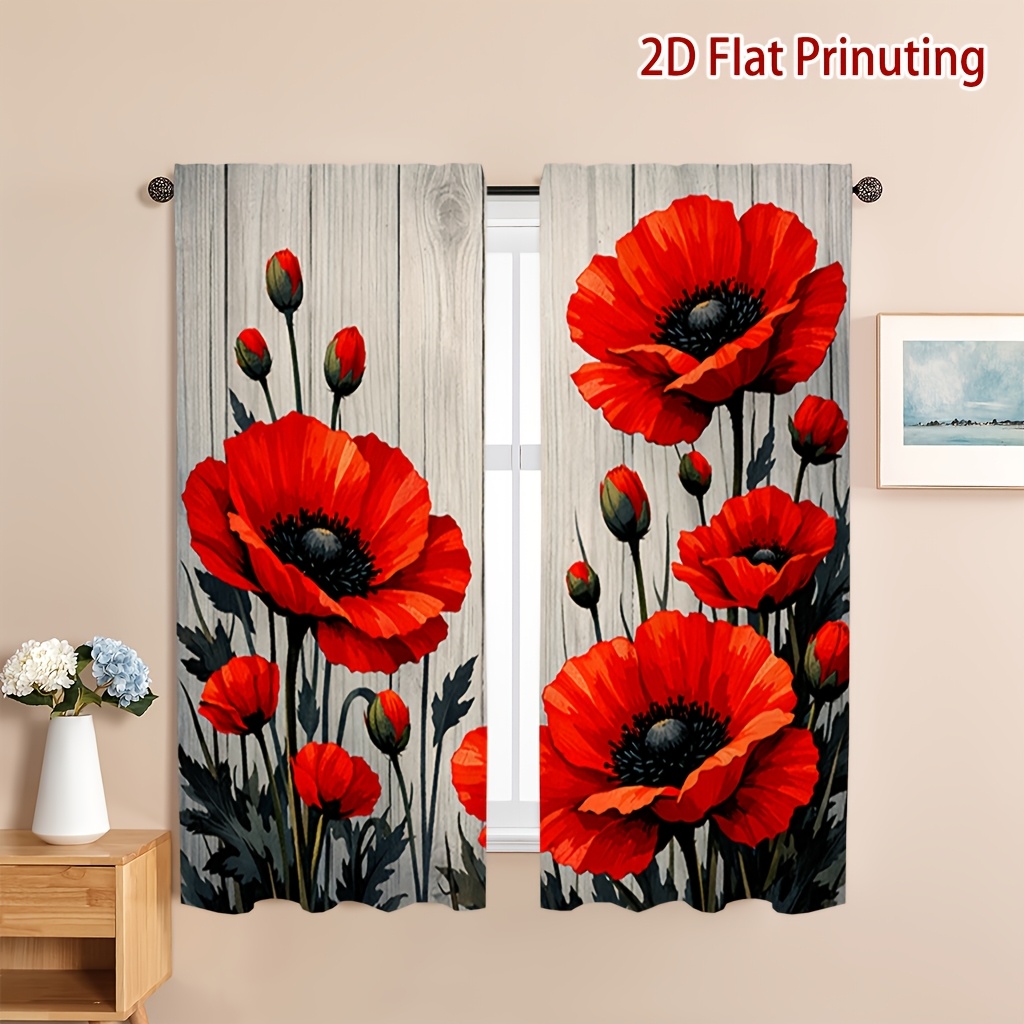 TEMU 2pcs Panels Red Poppy Flower Curtains Semi-sheer Privacy Window Drapes Suitable For Living Room, Kitchen, Bedroom, Pocket Installation (no Rod