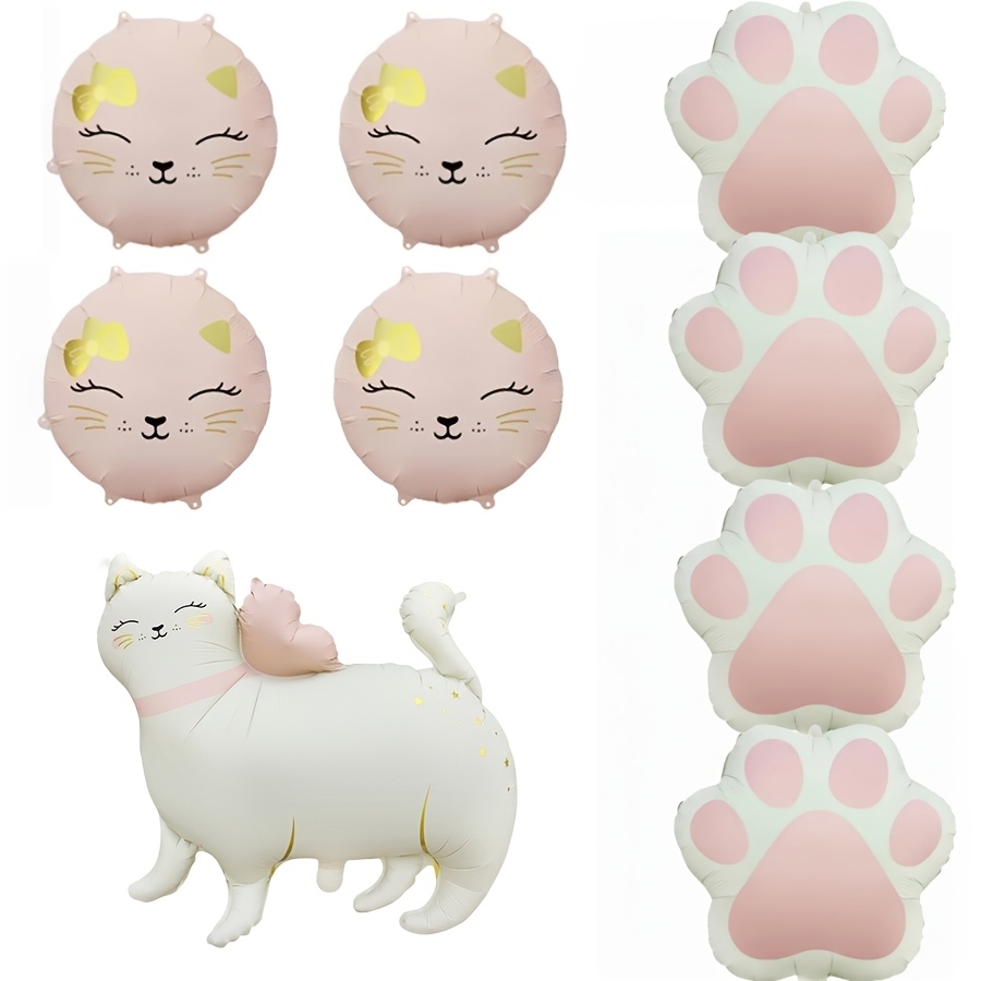 Image of 9pcs Cat-themed Party Decoration Set | 4 Pink Cat Head Round Balloons + 4 Cat Paw Print Balloons + 1 Three-dimensional Cat Balloon | Suitable For Birthday Parties/kids' Room Decor/photo Backdrops