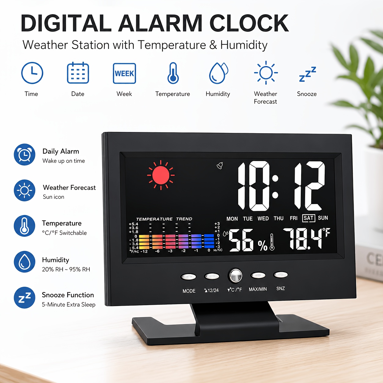 TEMU Usb Powered Digital Alarm Clock With Thermometer Hygrometer And Weekday Display, Large Color Lcd Weather Station Clock With , Temperature