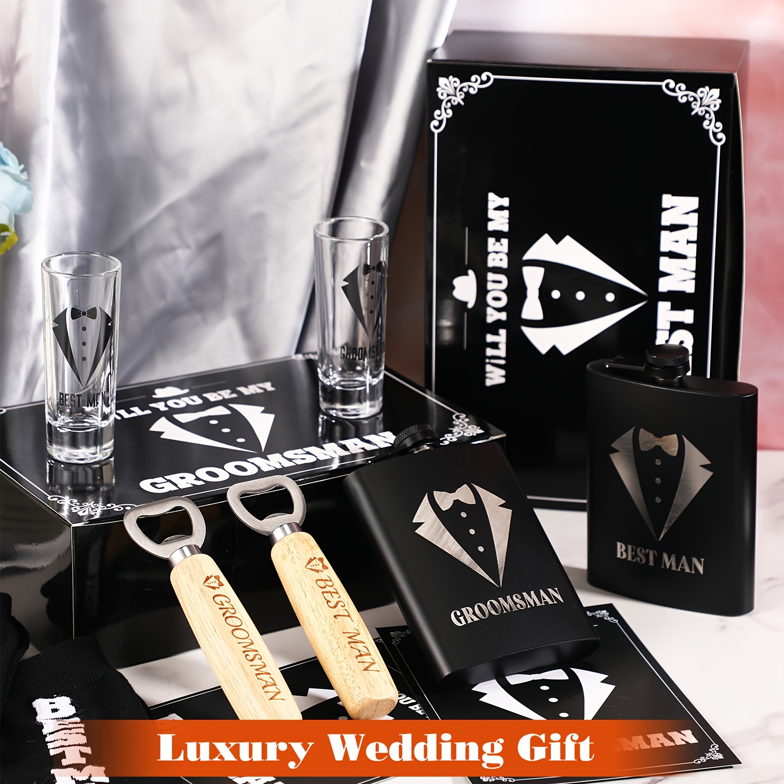 Best Man Gift Set - 7 Piece Wedding Proposal Kit With Beer Glass, Socks, Opener & Card