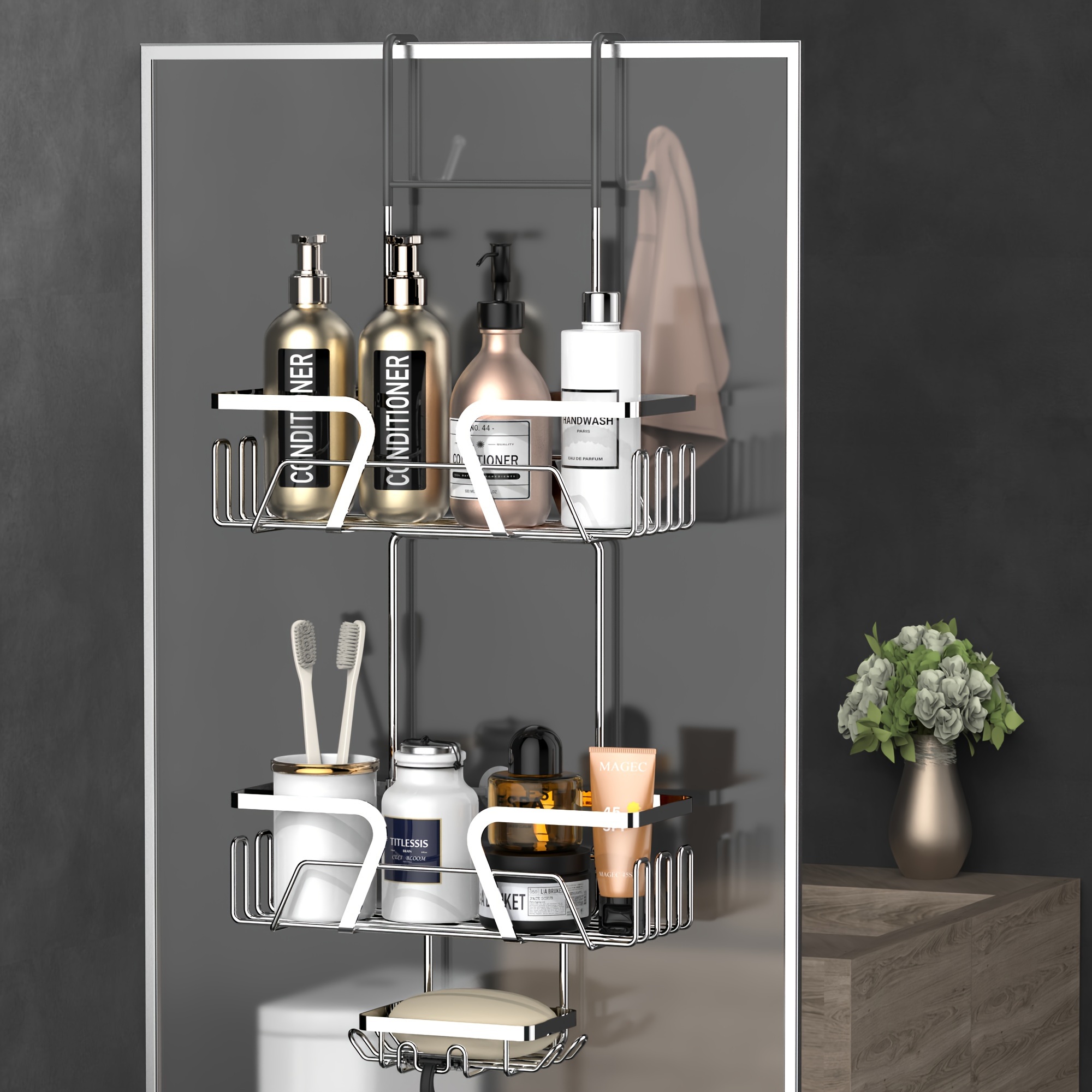 Double-Layer Stainless Steel Shower Caddy with Soap Dish & Towel Hook - *, Wall-Mounted Bathroom Organizer for Essentials