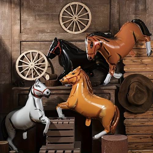 four western cowboy themed party balloons self sealing foil horse decorations featuring brown and black horses with golden accents birthdays fathers day and