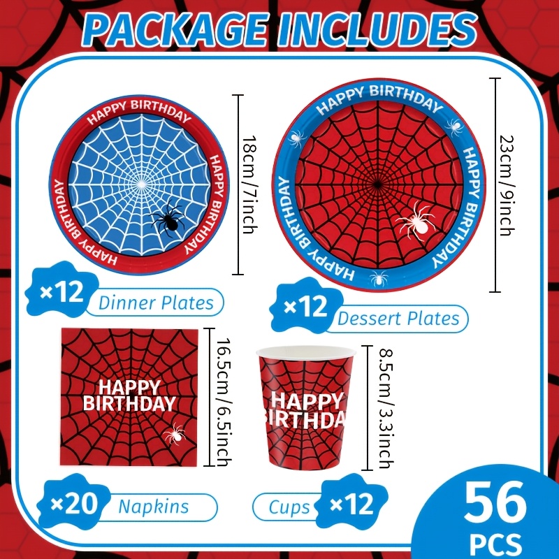 Image of 56pcs, Web Party Disposable Tableware Set, Birthday Paper Plates Cups Napkins, Theme Birthday Party Supplies, Happy Birthday Party Decor I Perfect For Halloween