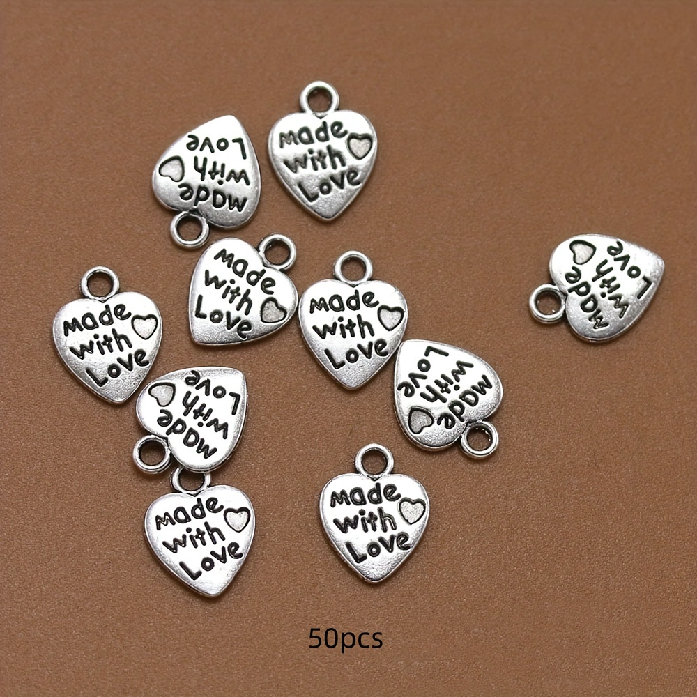 50pcs Heart Shape Charms Pendants Love Letters Carving Diy Craft Necklace Bracelets Keychain Jewelry 12x10mm