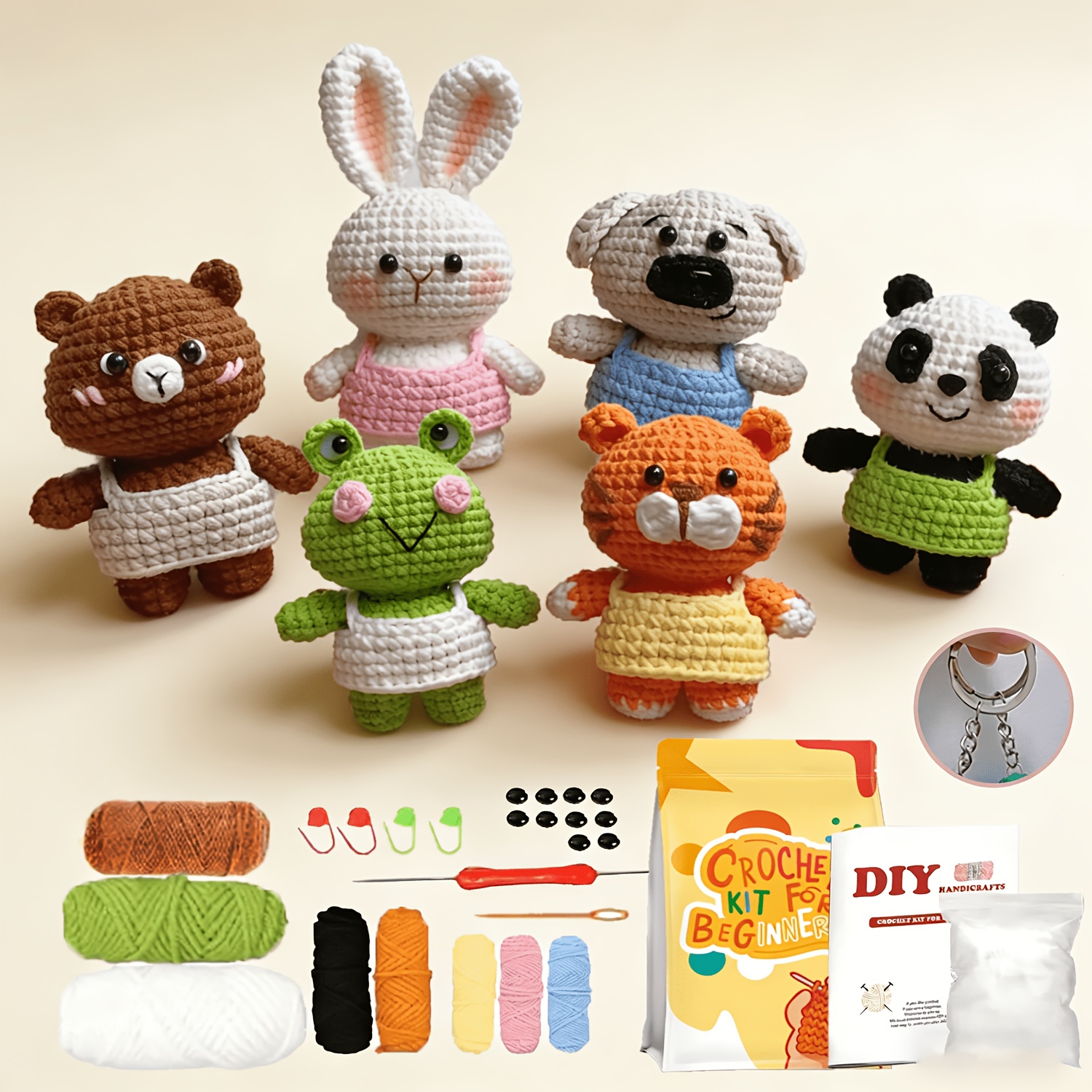 TEMU Kit de Crochet 6 Pièces pour Débutants, Kit d'Animaux au Crochet, Kit de Démarrage au Crochet Cadeau de Pâques avec Crochets, Laine, Vidéo