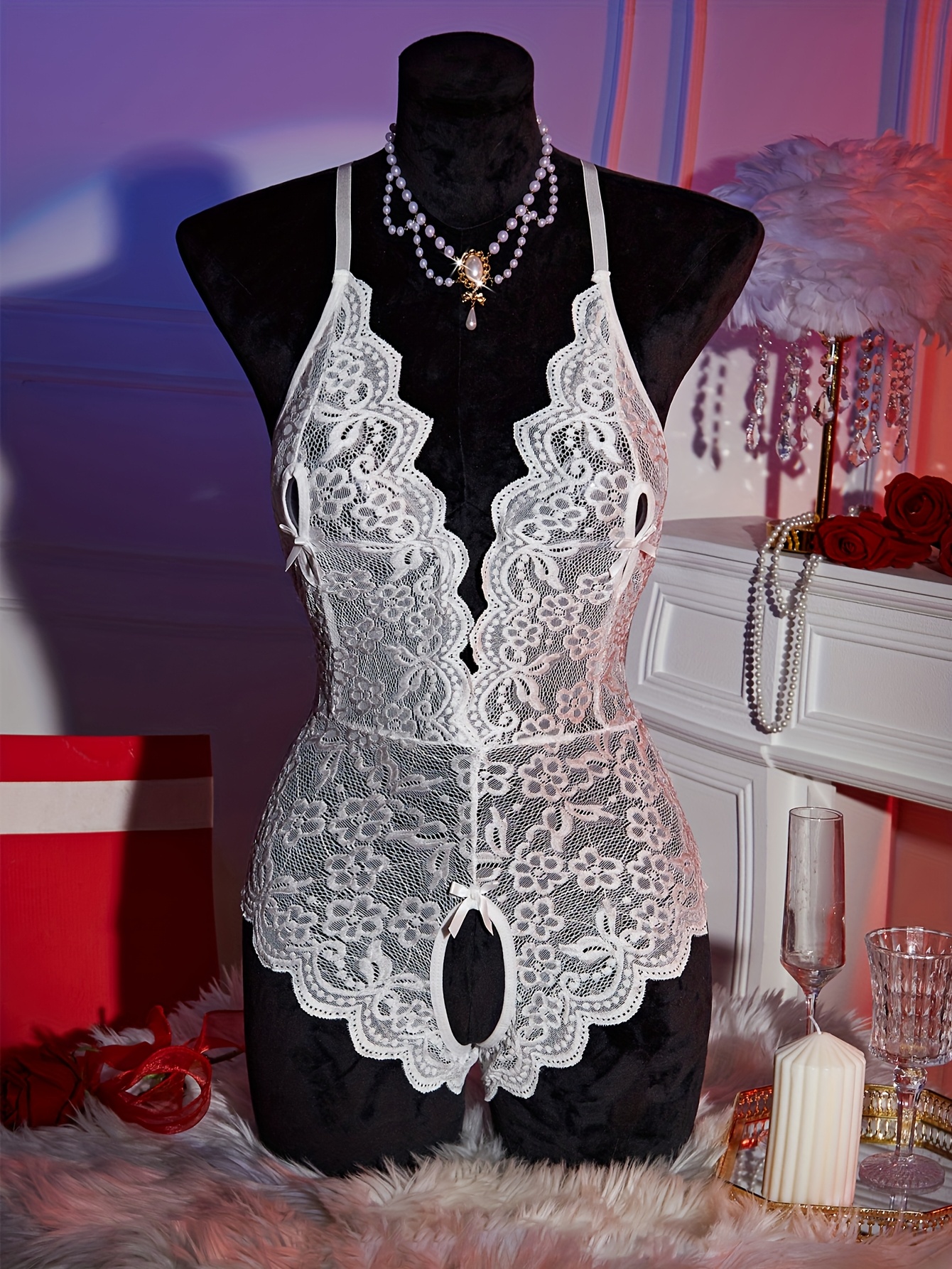 * * Lingerie Women Lace * Hollow Bodysuit * Pajamas Teddy Babydoll Dress  Deep V Open Bra Underwear Set Valentine'S Day Gift