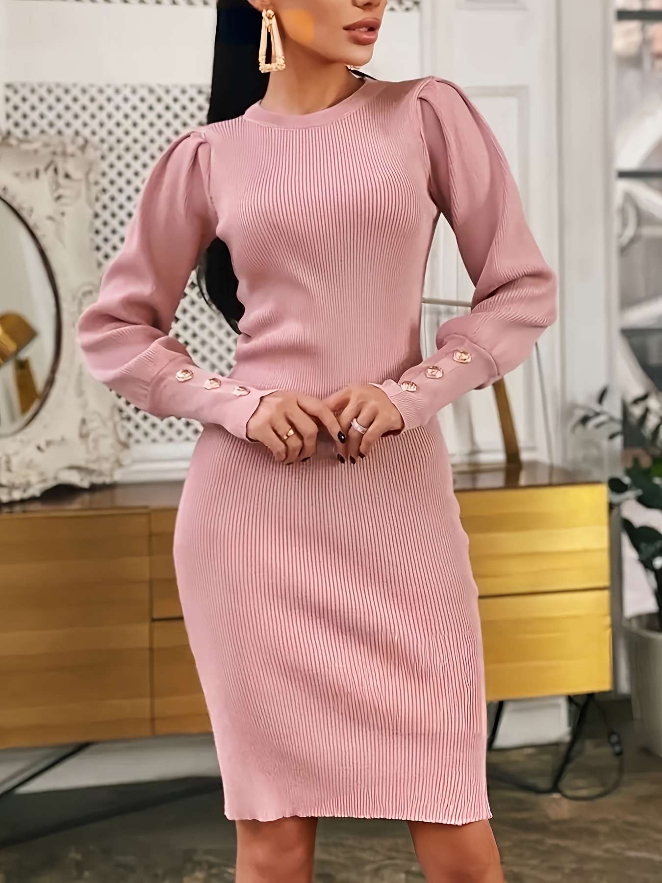 elegant women puff long sleeve bodycon dress button vintage - Temu Oman