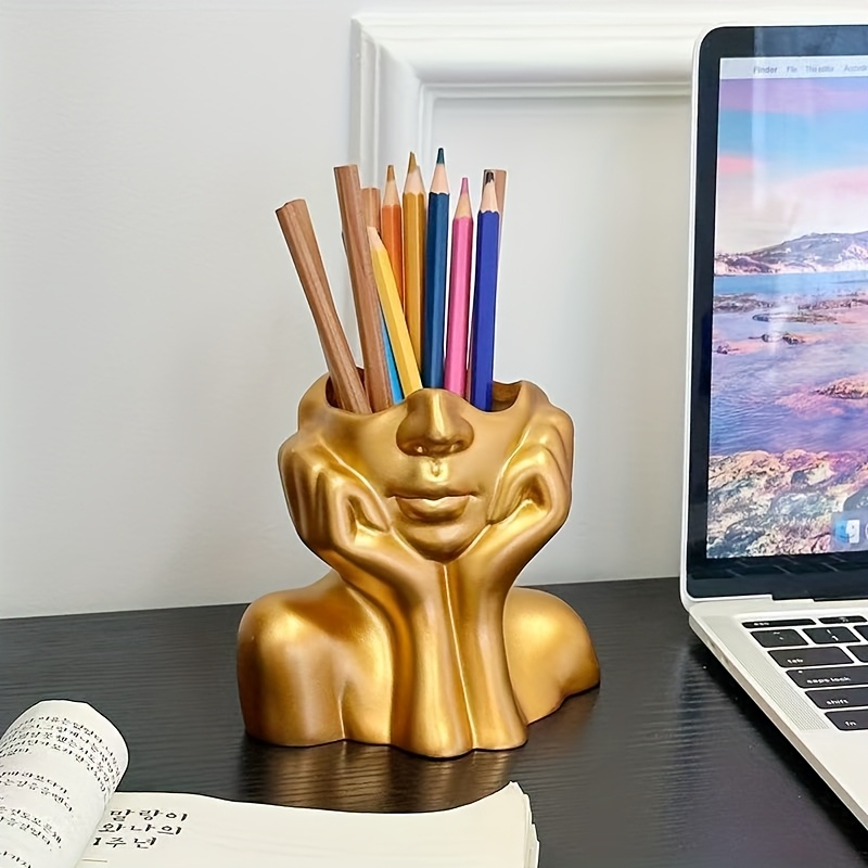 1pc   makeup brush pen holder black golden sculpture design wall mounted vanity organizer with multiple compartments for cosmetics makeup brushes stationery storage durable painted   makeup vanity desk elegant design sleek construction Product details 0