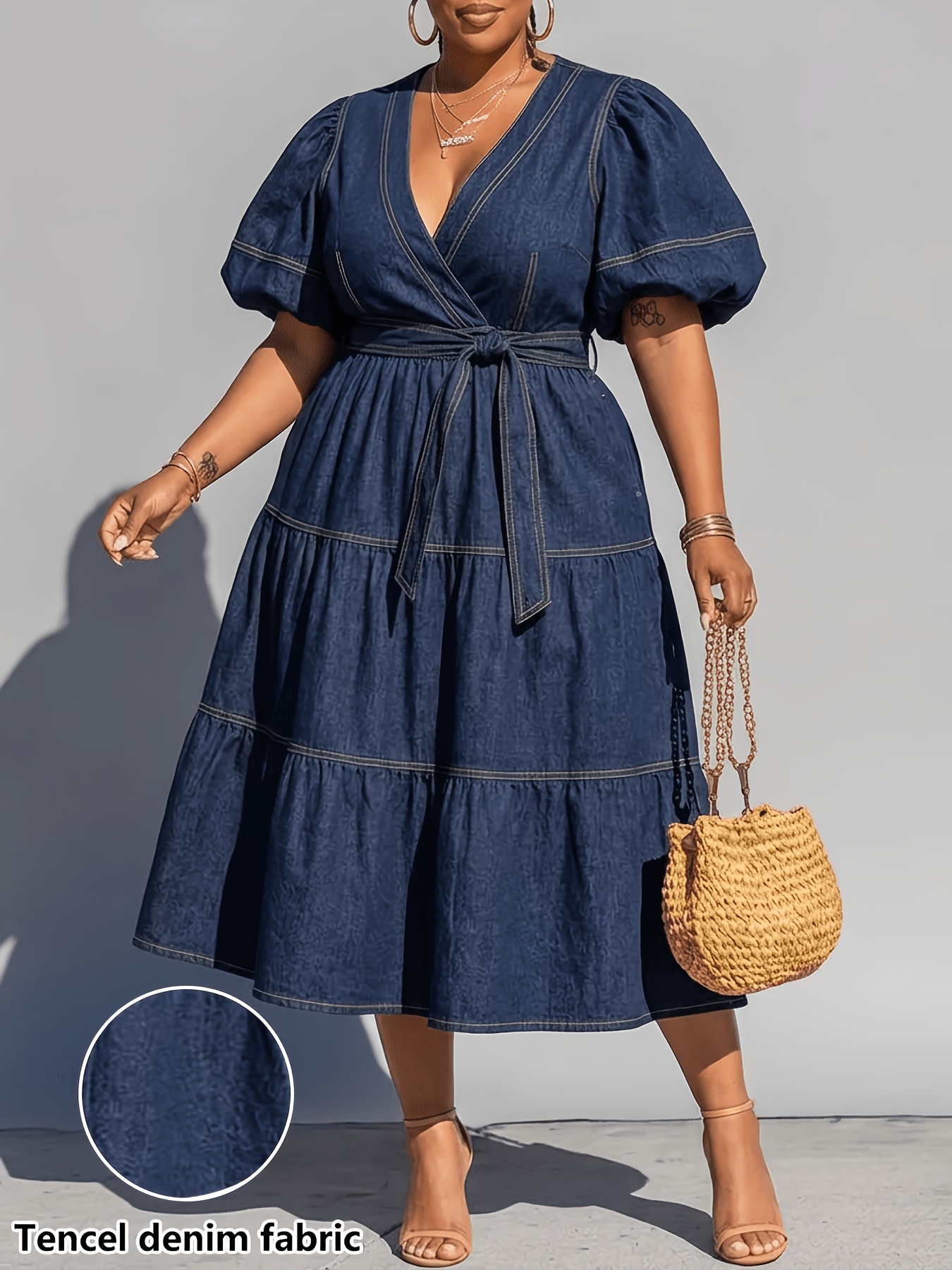 1pc: Plus-size Women's Spring And Summer V-neck Tie-waist Tiered Dress In  Denim-look | Deep V-neck, Layered Tiered Dress Design * Vacation Trips Or  Casual Everyday Street Style