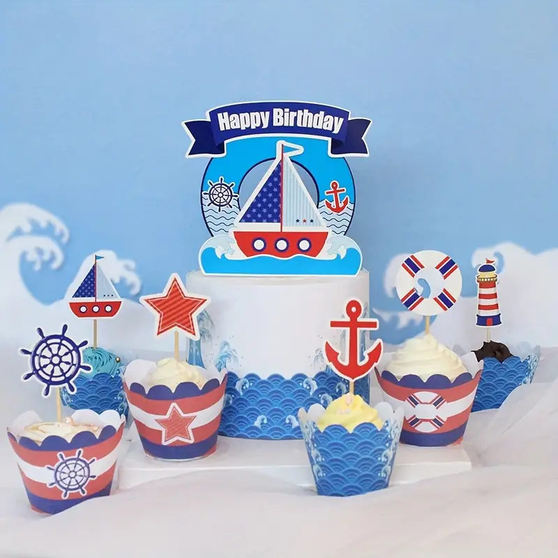 24pcs/48pcs Nautical Theme Birthday Party Cake Topper Decor, Marine Ship  Wheel & Anchor, Lifesaver Cupcake Picks, Bamboo & Paper Material, Party  Scene