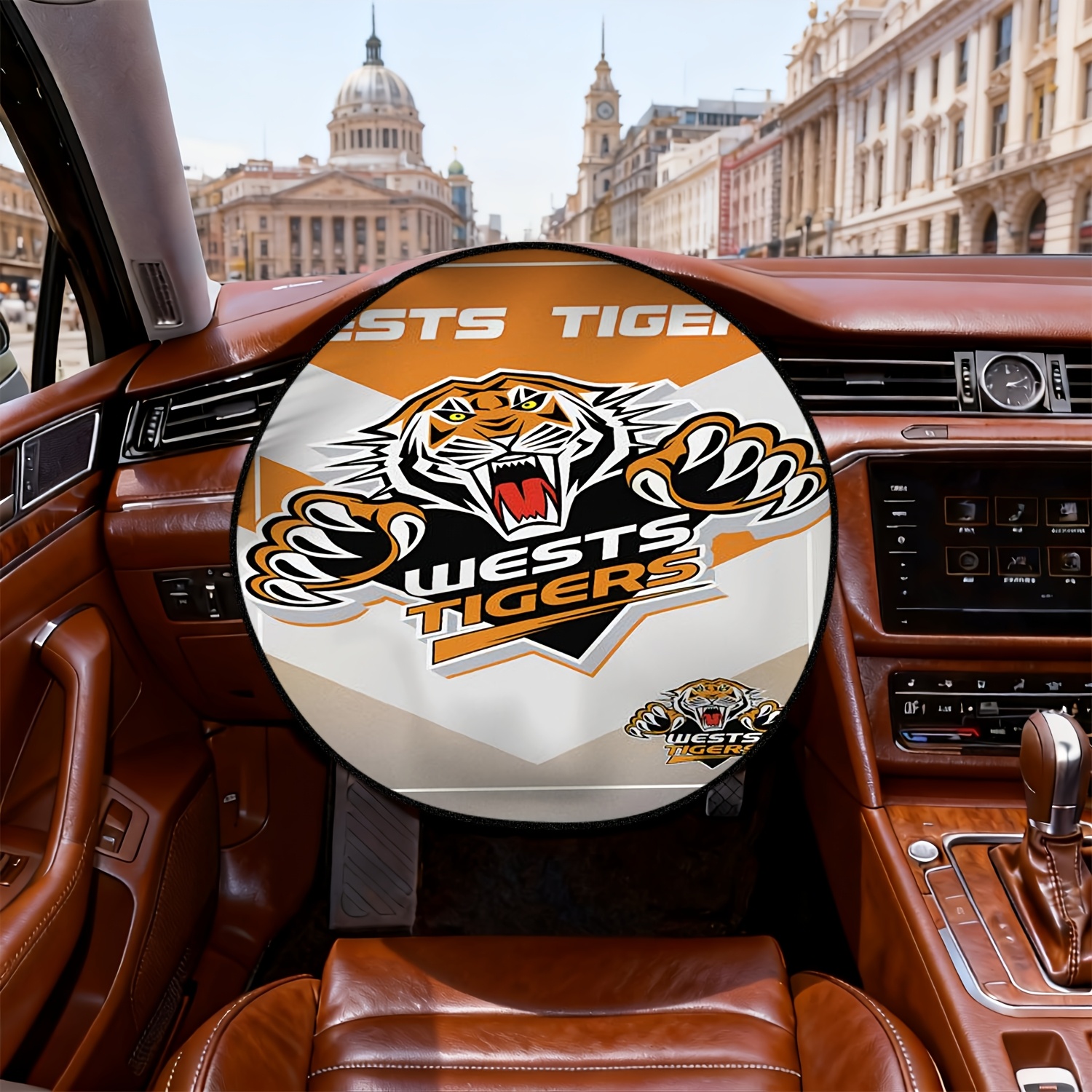 TEMU 1pc West Tiger Team Style 2d Flat Printed Pattern Steering Wheel Sunshade, Car Interior Decoration, Light-blocking, Heat Insulating, And Sun