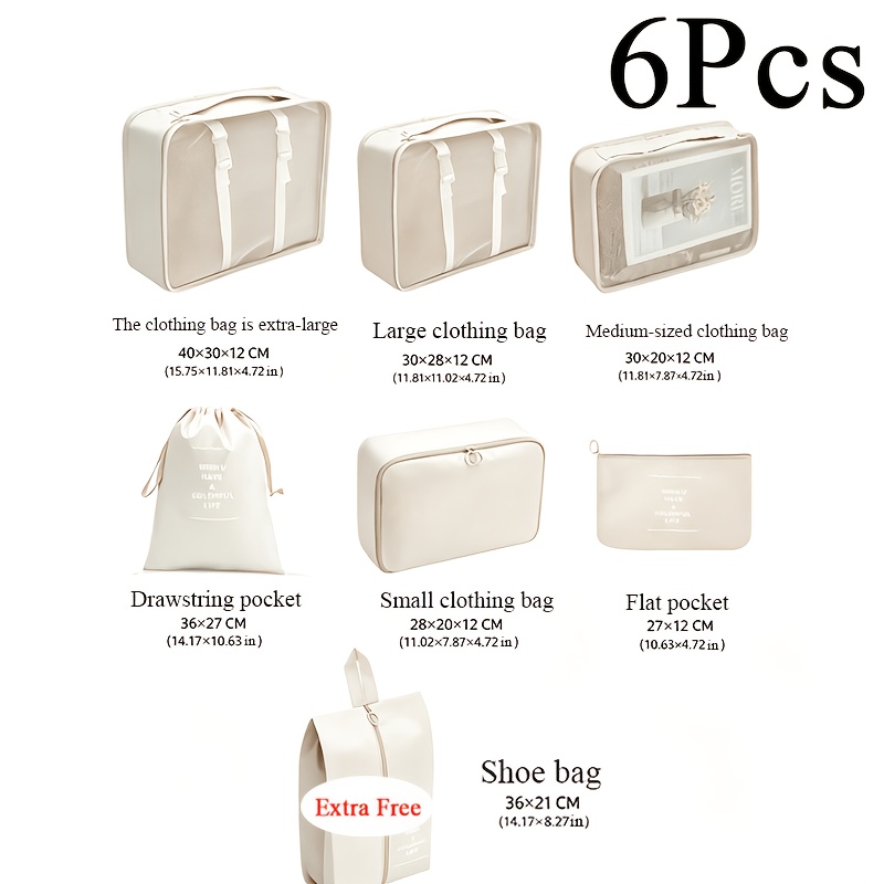 TEMU Sacs de tri de bagages de voyage 6 pièces en tissu renforcé épaissi, sac de rangement de chaussures gratuit en prime, cubes d'emballage de