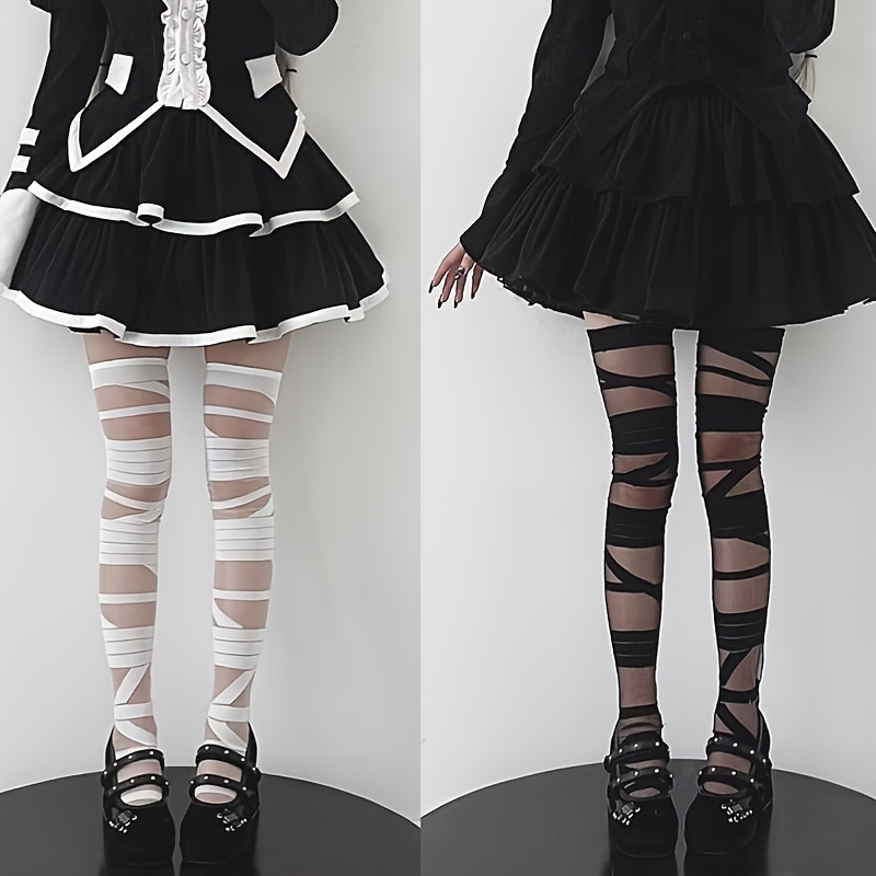 

2 Pairs Bandage Jk Style Stretchy Thigh High Stockings - Gothic Over The Knee Socks For Women