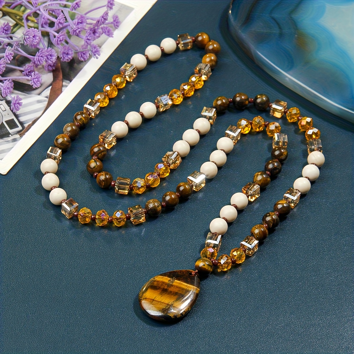 TEMU 8mm Handmade Beaded Long Necklace With Tiger Eye Stone Pendant, Exquisite Pendant Suitable For Everyday Wear (the Texture And Color Of Stone