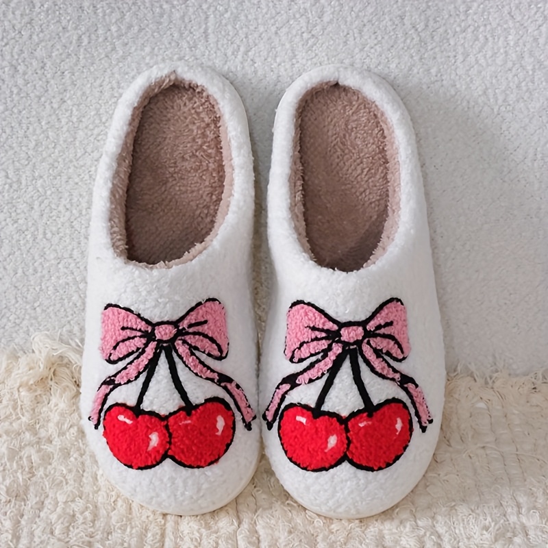 Image of Fashion Cute Fruit Cherry Bowknot Pattern Fluffy Plush Slippers Embroidery Home Indoor Floor For Men And Women Lovers Autumn And Winter Fuzzy Slippers Warm And Thick Tpr Shoes Sole, Women Shoes