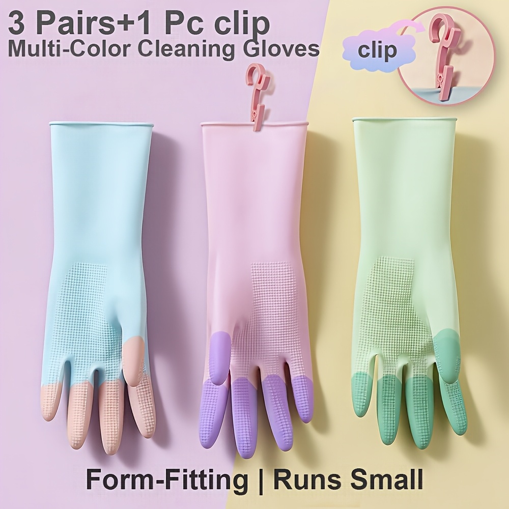 3 pairs and 1pc clip household cleaning latex gloves flexible and close fitting style soft and comfortable reusable suitable for small hands anti slip fingers for kitchen bathroom home cleaning car   pet care dishwashing