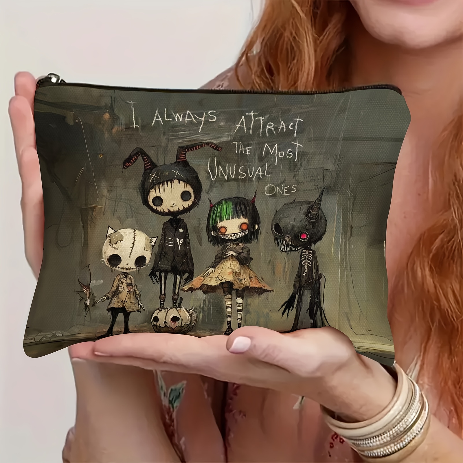 TEMU A Dark Green Polyester Cosmetic Bag Featuring A Gothic Monster Pattern And The "i The Most Unusual People." This Is Ideal For Enthusiasts And A Great Gift For Daily Use Or Halloween For Women