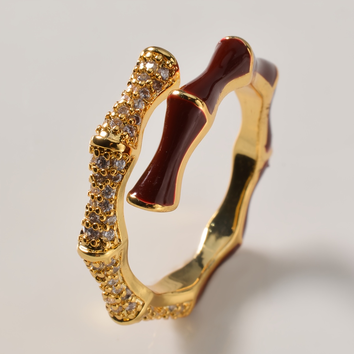 TEMU 1pc Vintage 18k Golden Plated Stainless Steel Bamboo Joint Cz Pave Red Green Enamel Adjustable Wrap Cuff Ring