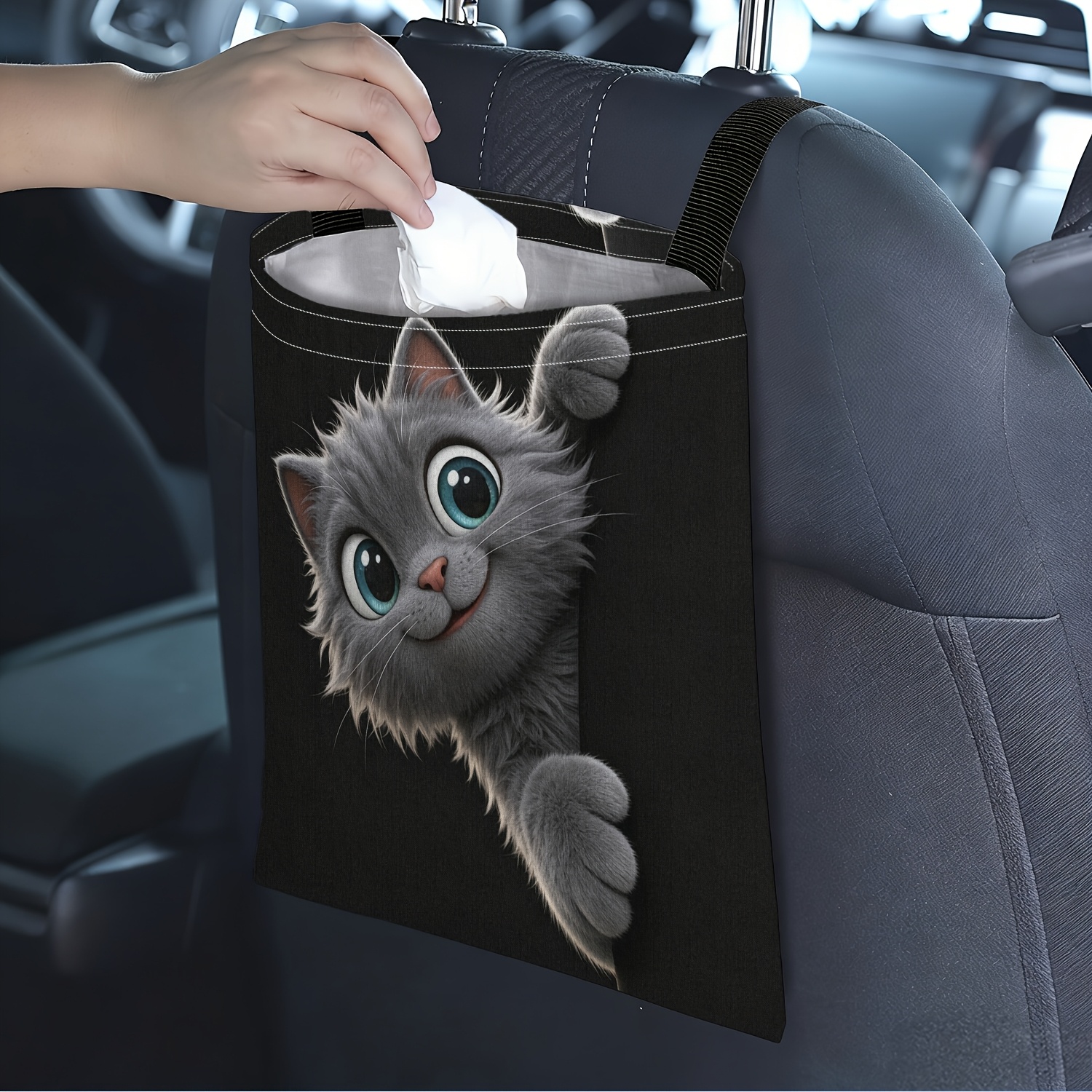TEMU 1pc Cute Peeking Cat 2d Printed Car Trash Bag - Stylish Storage, Car Interior Tidy, Universal Hanging, Durable And Portable, Rear Seat Car Trash