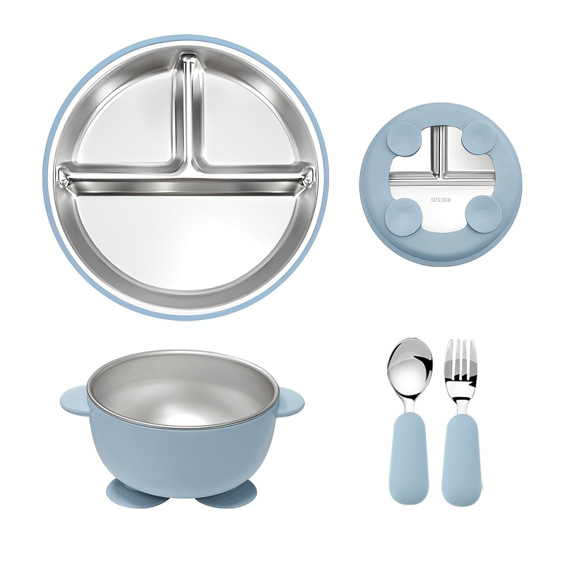 TEMU 304 Stainless Steel Baby Feeding Set, Anti-slip Suction Bowl And 3-compartment Divided Toddler Plate With Baby Spoon And Fork, Anti-spill Kids