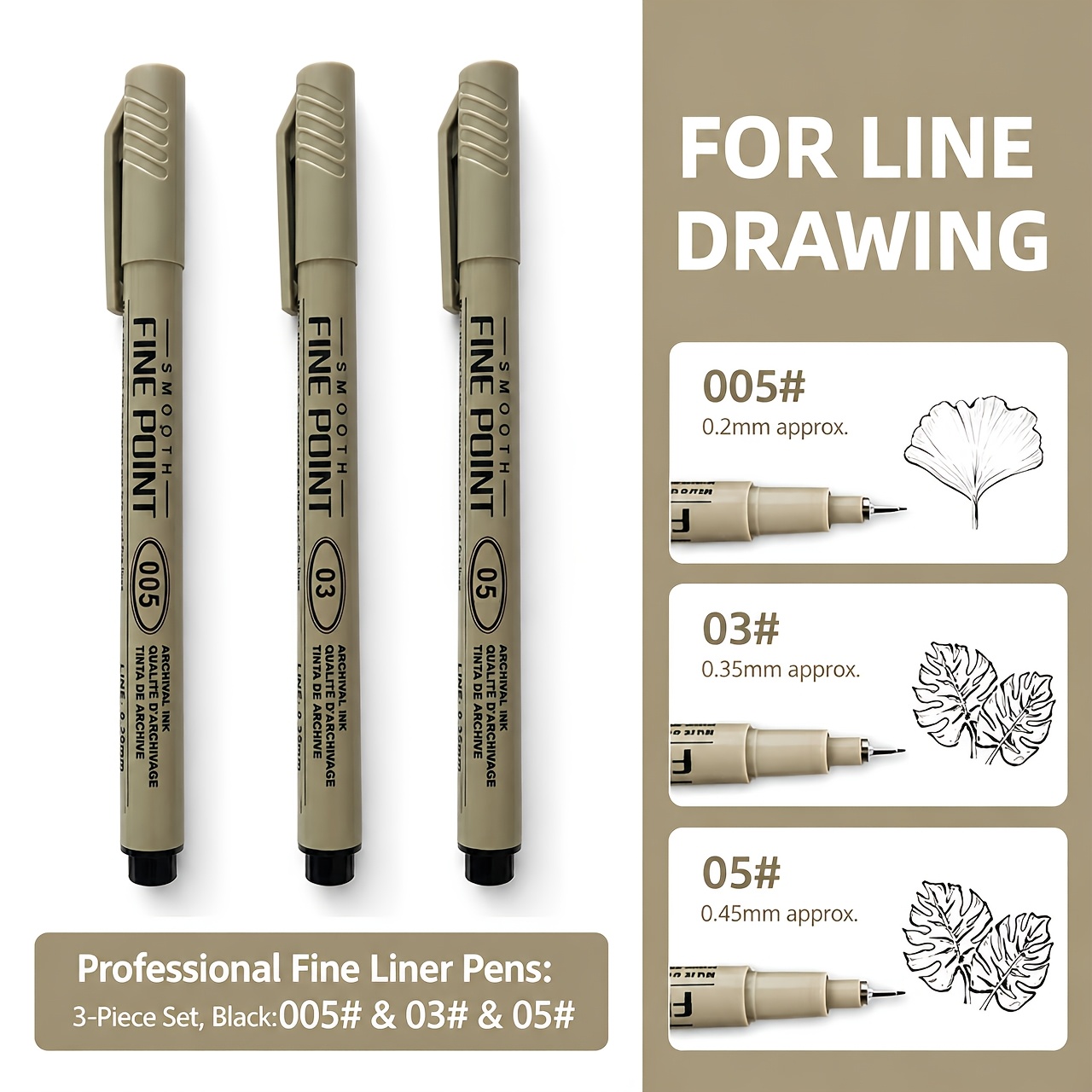 TEMU 3pcs Fine Point Drawing Pens, Ink Fineliner Markers, Smooth Journal Pens For Sketching, Note Taking, Hand Lettering, Art Drawing