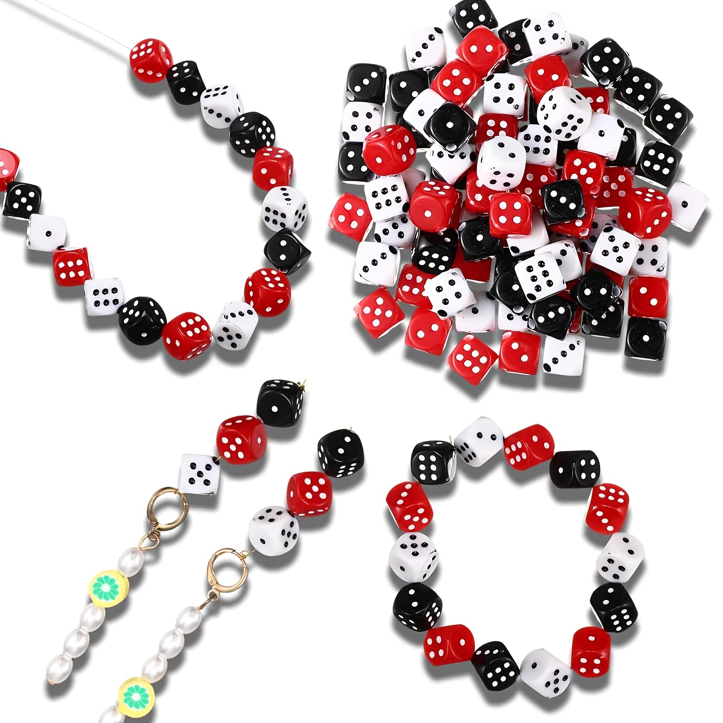 

90pcs Acrylic Dice Beads Set, 10mm Red Black White, For Making, Bracelets, Necklaces, Lanyards, Party Favors And Handicrafts