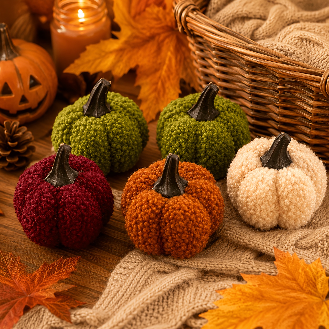 TEMU 5pcs Teddy Plush Artificial Pumpkin Ornaments, Desktop Simulation Pumpkin Decorations, Halloween And Thanksgiving Home Decorations, Parties,