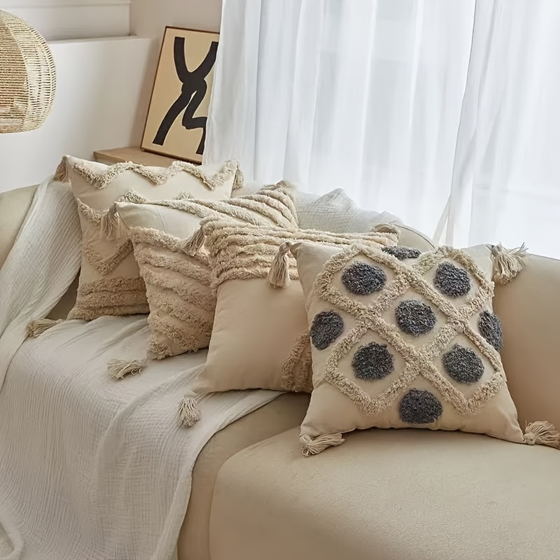 4pcs Set Thickened Tufted Tassel Pillowcases Suitable for Living Room & Bedroom, Double-Sided Retro Cushion Covers with Zipper Closure, Skin-Friendly Tassel Trim, Hand Wash Only Sofa Bed Decor in Neutral Tones for Cozy Winter Warmth