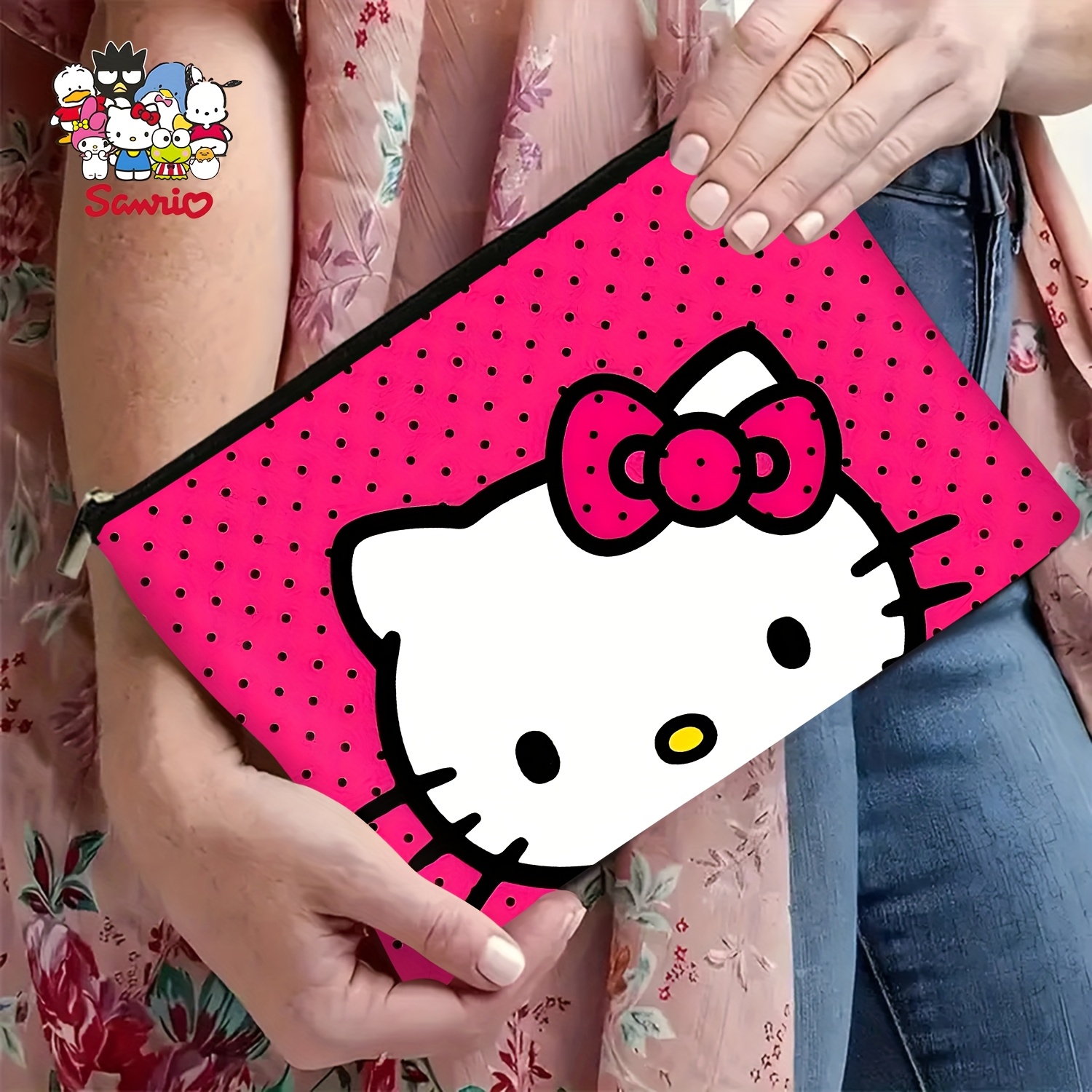 TEMU Hello Pink Polka Dot Multifunctional Travel Cosmetic Bag - Durable Polyester Zipper Pouch, Machine-washable Makeup Organizer For Women, Perfect Gift For Travel, Gym, Camping & Business Trips