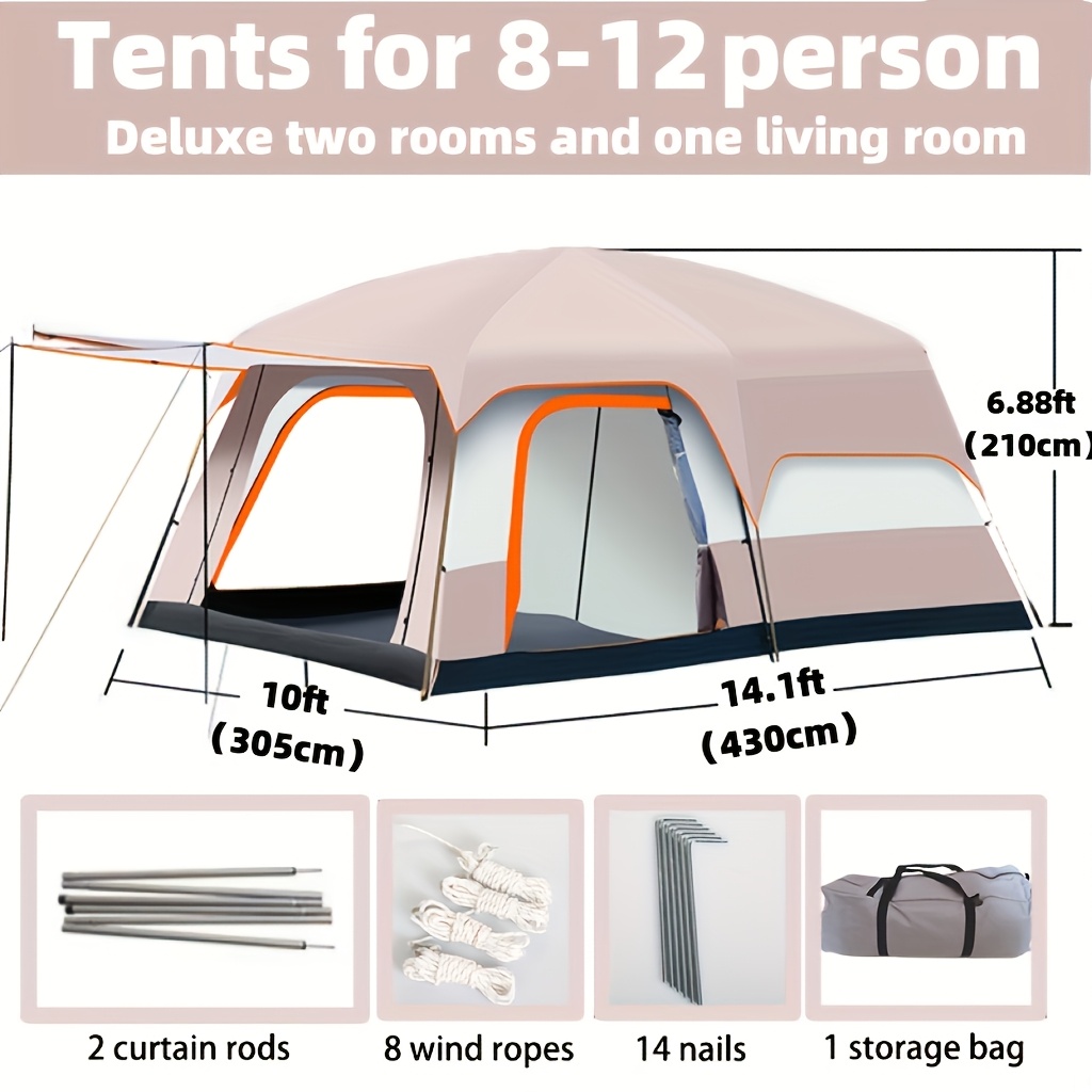 Image of Portable Family Tent With 2 Rooms And A Living Area, Suitable For Camping Or Group Events, Can To 12 Individuals, In Dark Green Color