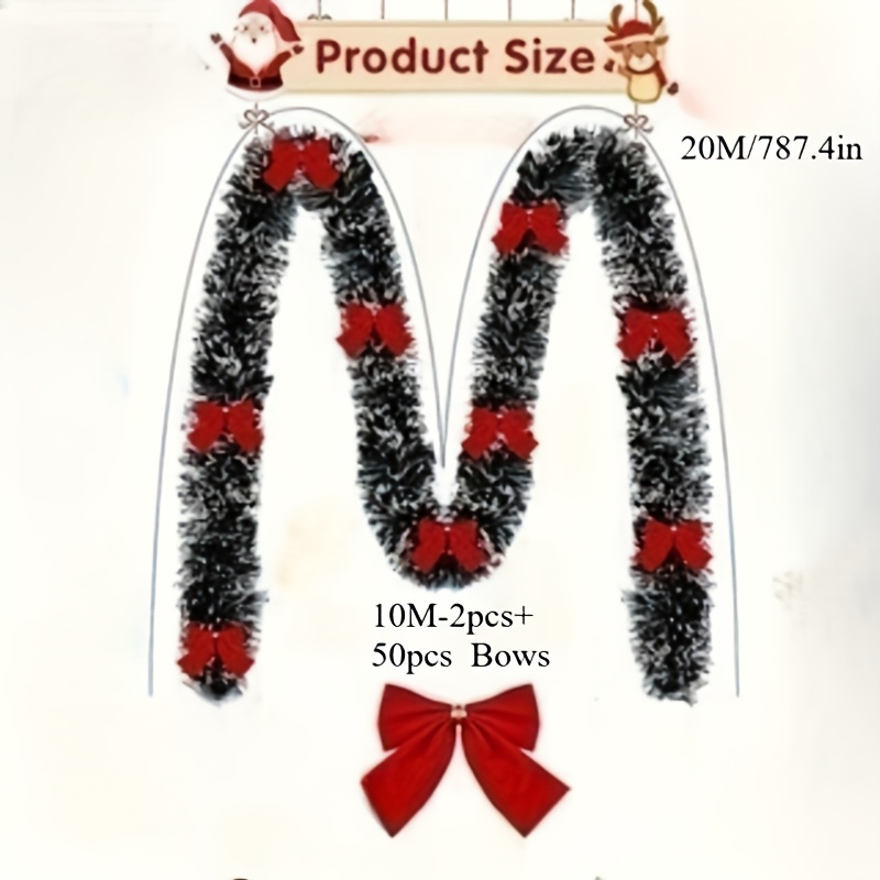 20-meter Artificial Plastic Christmas Garland With Red Bows - Durable Indoor/outdoor Fireplace, Mantel, Staircase Decoration, No Knotting Required