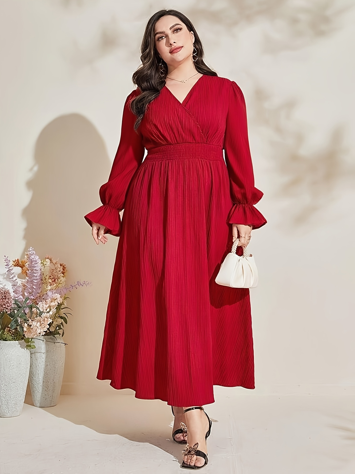 Plus Size - Plus Size - Plus Size Red V-Neck Long Sleeve Lantern Sleeve  Dress with a Fitted Waist, Elegant for Women