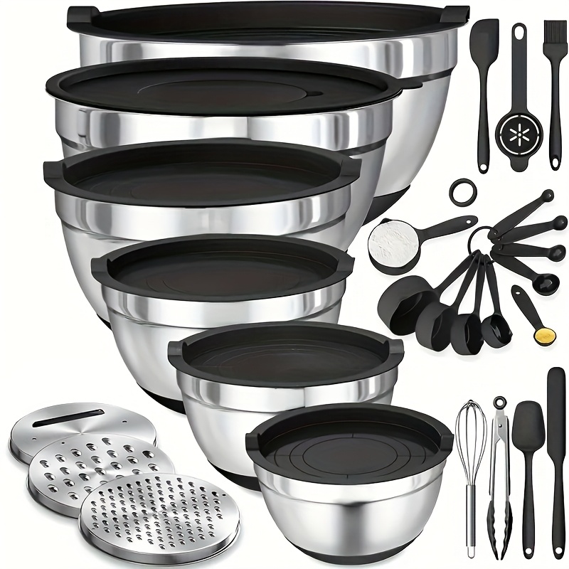 E-shop Edelstahl-Mischschüssel-Set mit Verschlussdeckel und Reibe-Aufsatz, Rutschfestes Boden - 26 Stück in den Größen 5QT, 4.5QT, 3QT, 2.5QT, 2QT,